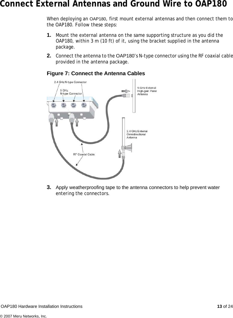 OAP180 Hardware Installation Instructions  13 of 24© 2007 Meru Networks, Inc.Connect External Antennas and Ground Wire to OAP180When deploying an OAP180, first mount external antennas and then connect them to the OAP180. Follow these steps:1. Mount the external antenna on the same supporting structure as you did the OAP180, within 3 m (10 ft) of it, using the bracket supplied in the antenna package.2. Connect the antenna to the OAP180’s N-type connector using the RF coaxial cable provided in the antenna package. Figure 7: Connect the Antenna Cables3. Apply weatherproofing tape to the antenna connectors to help prevent water entering the connectors.