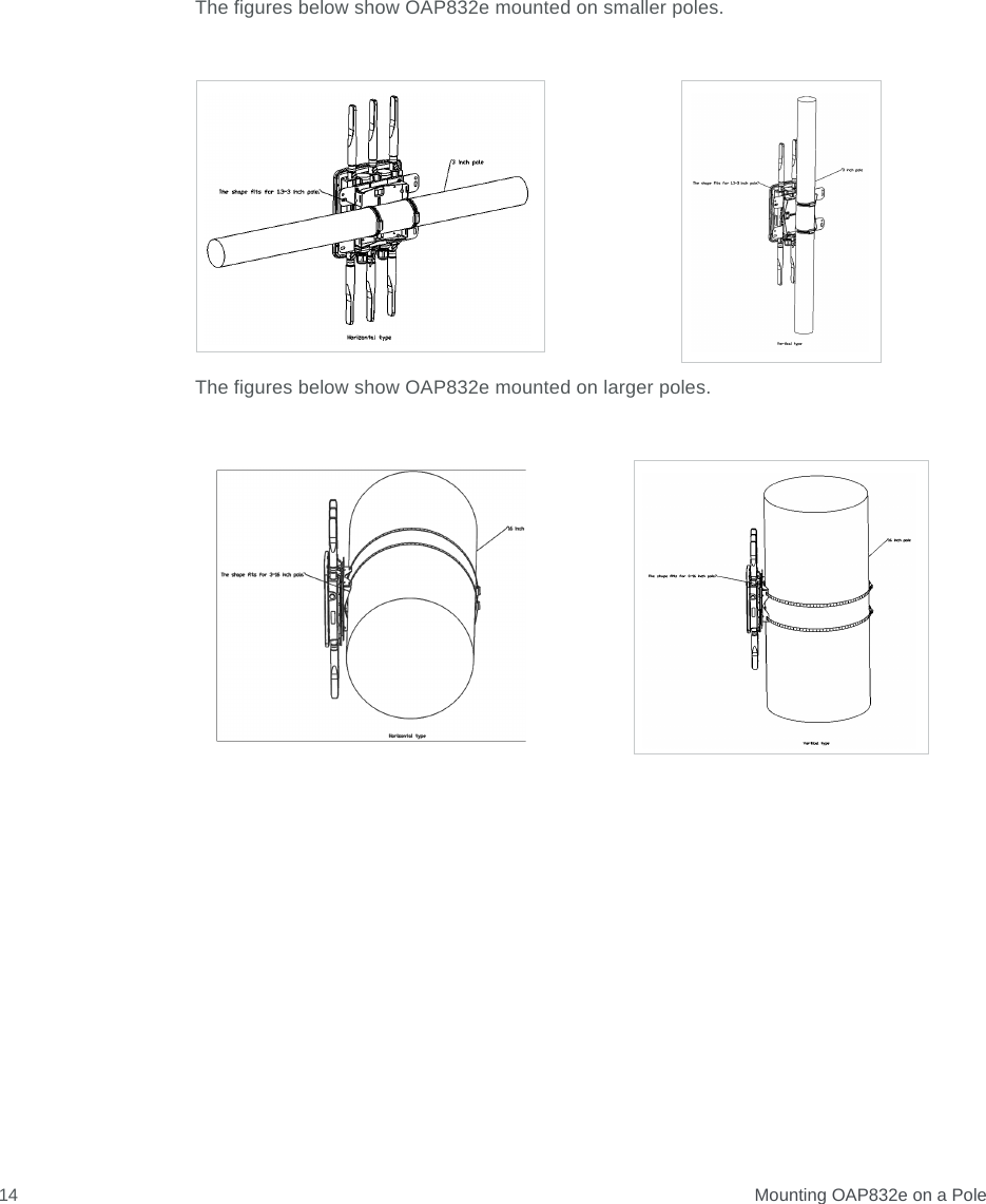  Mounting OAP832e on a Pole14The figures below show OAP832e mounted on smaller poles.The figures below show OAP832e mounted on larger poles.