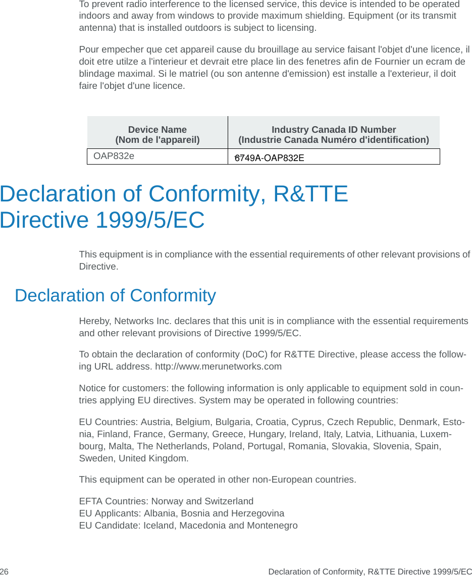  Declaration of Conformity, R&amp;TTE Directive 1999/5/EC26To prevent radio interference to the licensed service, this device is intended to be operated indoors and away from windows to provide maximum shielding. Equipment (or its transmit antenna) that is installed outdoors is subject to licensing.Pour empecher que cet appareil cause du brouillage au service faisant l&apos;objet d&apos;une licence, il doit etre utilze a l&apos;interieur et devrait etre place lin des fenetres afin de Fournier un ecram de blindage maximal. Si le matriel (ou son antenne d&apos;emission) est installe a l&apos;exterieur, il doit faire l&apos;objet d&apos;une licence.Declaration of Conformity, R&amp;TTE Directive 1999/5/ECThis equipment is in compliance with the essential requirements of other relevant provisions of Directive.Declaration of ConformityHereby, Networks Inc. declares that this unit is in compliance with the essential requirements and other relevant provisions of Directive 1999/5/EC. To obtain the declaration of conformity (DoC) for R&amp;TTE Directive, please access the follow-ing URL address. http://www.merunetworks.comNotice for customers: the following information is only applicable to equipment sold in coun-tries applying EU directives. System may be operated in following countries:EU Countries: Austria, Belgium, Bulgaria, Croatia, Cyprus, Czech Republic, Denmark, Esto-nia, Finland, France, Germany, Greece, Hungary, Ireland, Italy, Latvia, Lithuania, Luxem-bourg, Malta, The Netherlands, Poland, Portugal, Romania, Slovakia, Slovenia, Spain, Sweden, United Kingdom.This equipment can be operated in other non-European countries.EFTA Countries: Norway and SwitzerlandEU Applicants: Albania, Bosnia and HerzegovinaEU Candidate: Iceland, Macedonia and MontenegroDevice Name (Nom de l&apos;appareil) Industry Canada ID Number (Industrie Canada Numéro d&apos;identification)OAP832e —6749A-OAP832E  