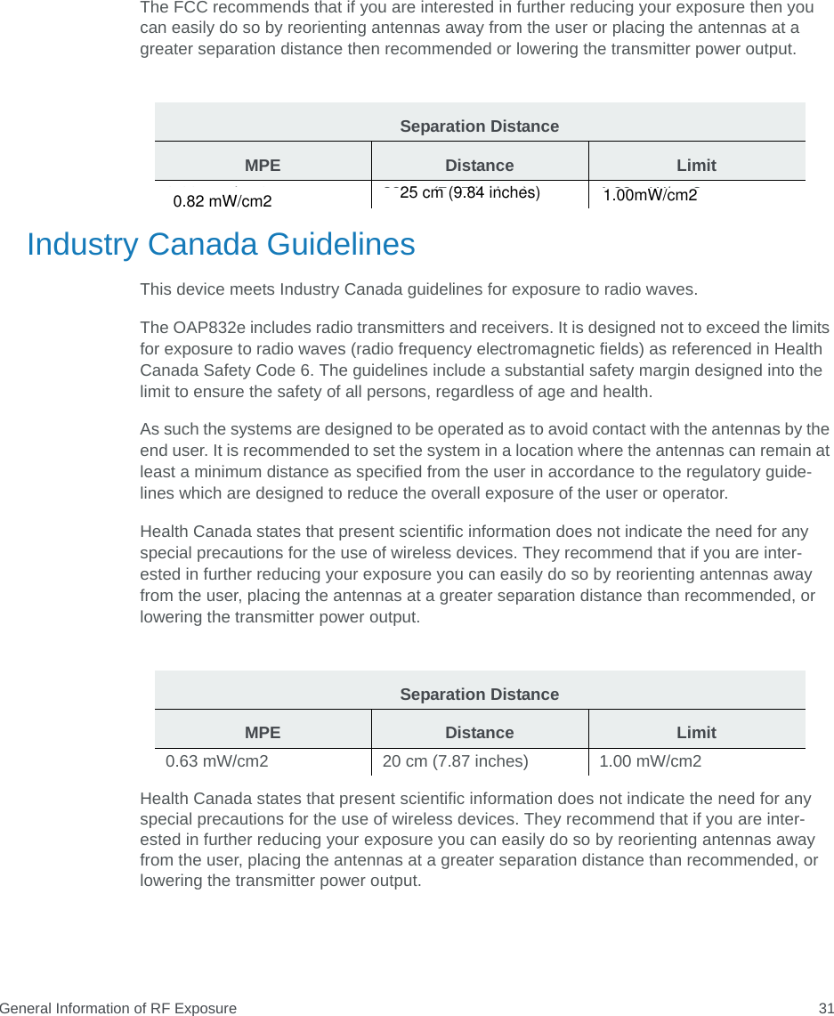 General Information of RF Exposure 31The FCC recommends that if you are interested in further reducing your exposure then you can easily do so by reorienting antennas away from the user or placing the antennas at a greater separation distance then recommended or lowering the transmitter power output.Industry Canada GuidelinesThis device meets Industry Canada guidelines for exposure to radio waves.The OAP832e includes radio transmitters and receivers. It is designed not to exceed the limits for exposure to radio waves (radio frequency electromagnetic fields) as referenced in Health Canada Safety Code 6. The guidelines include a substantial safety margin designed into the limit to ensure the safety of all persons, regardless of age and health.As such the systems are designed to be operated as to avoid contact with the antennas by the end user. It is recommended to set the system in a location where the antennas can remain at least a minimum distance as specified from the user in accordance to the regulatory guide-lines which are designed to reduce the overall exposure of the user or operator.Health Canada states that present scientific information does not indicate the need for any special precautions for the use of wireless devices. They recommend that if you are inter- ested in further reducing your exposure you can easily do so by reorienting antennas away from the user, placing the antennas at a greater separation distance than recommended, or lowering the transmitter power output.Health Canada states that present scientific information does not indicate the need for any special precautions for the use of wireless devices. They recommend that if you are inter-ested in further reducing your exposure you can easily do so by reorienting antennas away from the user, placing the antennas at a greater separation distance than recommended, or lowering the transmitter power output.Separation DistanceMPE Distance Limit0.63 mW/cm2  20 cm (7.87 inches)  1.00 mW/cm2 Separation DistanceMPE Distance Limit0.63 mW/cm2  20 cm (7.87 inches)  1.00 mW/cm2 0.82 mW/cm2 25 cm (9.84 inches) 1.00mW/cm2