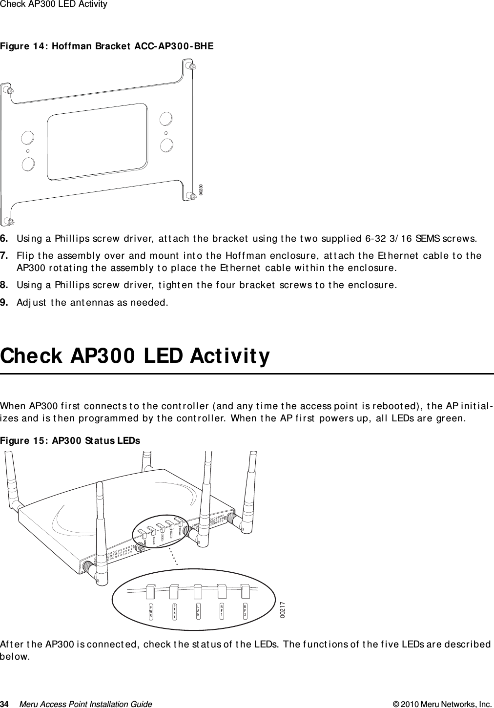 34 Meru Access Point Installation Guide © 2010 Meru Networks, Inc. Check AP300 LED Activity AP1000 Beta TestFigure 14: Hoffman Bracket ACC-AP300-BHE6. Using a Phillips screw driver, attach the bracket using the two supplied 6-32 3/16 SEMS screws.7. Flip the assembly over and mount into the Hoffman enclosure, attach the Ethernet cable to the AP300 rotating the assembly to place the Ethernet cable within the enclosure.8. Using a Phillips screw driver, tighten the four bracket screws to the enclosure.9. Adjust the antennas as needed.Check AP300 LED ActivityWhen AP300 first connects to the controller (and any time the access point is rebooted), the AP initial-izes and is then programmed by the controller. When the AP first powers up, all LEDs are green.  Figure 15: AP300 Status LEDsAfter the AP300 is connected, check the status of the LEDs. The functions of the five LEDs are described below.00230A3A2L ANS TTAPWRR F1R F200217PWRSTATLANRF1RF2