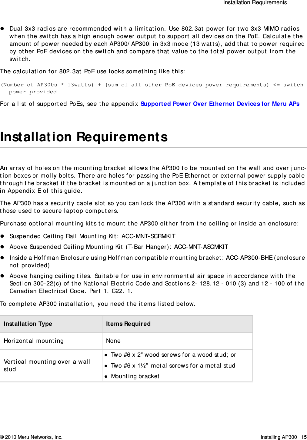  Installation Requirements © 2010 Meru Networks, Inc. Installing AP300 15AP1000 Beta TestDual 3x3 radios are recommended with a limitation. Use 802.3at power for two 3x3 MIMO radios when the switch has a high enough power output to support all devices on the PoE. Calculate the amount of power needed by each AP300/AP300i in 3x3 mode (13 watts), add that to power required by other PoE devices on the switch and compare that value to the total power output from the switch. The calculation for 802.3at PoE use looks something like this:(Number of AP300s * 13watts) + (sum of all other PoE devices power requirements) &lt;= switch power providedFor a list of supported PoEs, see the appendix Supported Power Over Ethernet Devices for Meru APsInstallation RequirementsAn array of holes on the mounting bracket allows the AP300 to be mounted on the wall and over junc-tion boxes or molly bolts. There are holes for passing the PoE Ethernet or external power supply cable through the bracket if the bracket is mounted on a junction box. A template of this bracket is included in Appendix E of this guide.The AP300 has a security cable slot so you can lock the AP300 with a standard security cable, such as those used to secure laptop computers.Purchase optional mounting kits to mount the AP300 either from the ceiling or inside an enclosure: Suspended Ceiling Rail Mounting Kit: ACC-MNT-SCRMKITAbove Suspended Ceiling Mounting Kit (T-Bar Hanger): ACC-MNT-ASCMKITInside a Hoffman Enclosure using Hoffman compatible mounting bracket: ACC-AP300-BHE (enclosure not provided)Above hanging ceiling tiles. Suitable for use in environmental air space in accordance with the Section 300-22(c) of the National Electric Code and Sections 2- 128.12 - 010 (3) and 12 - 100 of the Canadian Electrical Code. Part 1. C22. 1. To complete AP300 installation, you need the items listed below.Installation Type Items RequiredHorizontal mounting NoneVertical mounting over a wall studTwo #6 x 2&quot; wood screws for a wood stud; or Two #6 x 1½” metal screws for a metal studMounting bracket