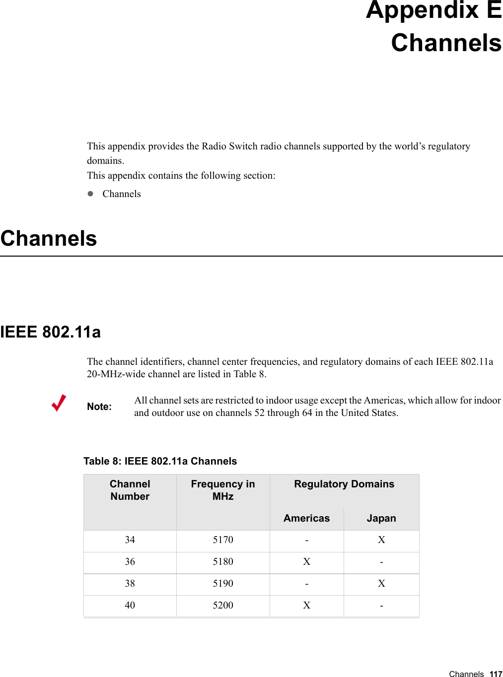 Channels 117 Appendix EChannelsB-1This appendix provides the Radio Switch radio channels supported by the world’s regulatory domains.This appendix contains the following section:zChannelsChannelsIEEE 802.11aThe channel identifiers, channel center frequencies, and regulatory domains of each IEEE 802.11a 20-MHz-wide channel are listed in Table 8. Note:All channel sets are restricted to indoor usage except the Americas, which allow for indoor and outdoor use on channels 52 through 64 in the United States. Table 8: IEEE 802.11a Channels Channel NumberFrequency in MHzRegulatory DomainsAmericas Japan34 5170 - X36 5180 X -38 5190 - X40 5200 X -