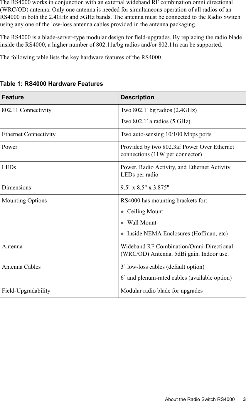  About the Radio Switch RS4000 3 The RS4000 works in conjunction with an external wideband RF combination omni directional (WRC/OD) antenna. Only one antenna is needed for simultaneous operation of all radios of an RS4000 in both the 2.4GHz and 5GHz bands. The antenna must be connected to the Radio Switch using any one of the low-loss antenna cables provided in the antenna packaging.The RS4000 is a blade-server-type modular design for field-upgrades. By replacing the radio blade inside the RS4000, a higher number of 802.11a/bg radios and/or 802.11n can be supported. The following table lists the key hardware features of the RS4000.Table 1: RS4000 Hardware FeaturesFeature Description802.11 Connectivity Two 802.11bg radios (2.4GHz)Two 802.11a radios (5 GHz)Ethernet Connectivity Two auto-sensing 10/100 Mbps portsPower Provided by two 802.3af Power Over Ethernet connections (11W per connector)LEDs Power, Radio Activity, and Ethernet Activity LEDs per radioDimensions 9.5&quot; x 8.5&quot; x 3.875&quot;Mounting Options RS4000 has mounting brackets for:zCeiling MountzWall MountzInside NEMA Enclosures (Hoffman, etc)Antenna Wideband RF Combination/Omni-Directional (WRC/OD) Antenna. 5dBi gain. Indoor use.Antenna Cables 3’ low-loss cables (default option)6’ and plenum-rated cables (available option)Field-Upgradability Modular radio blade for upgrades