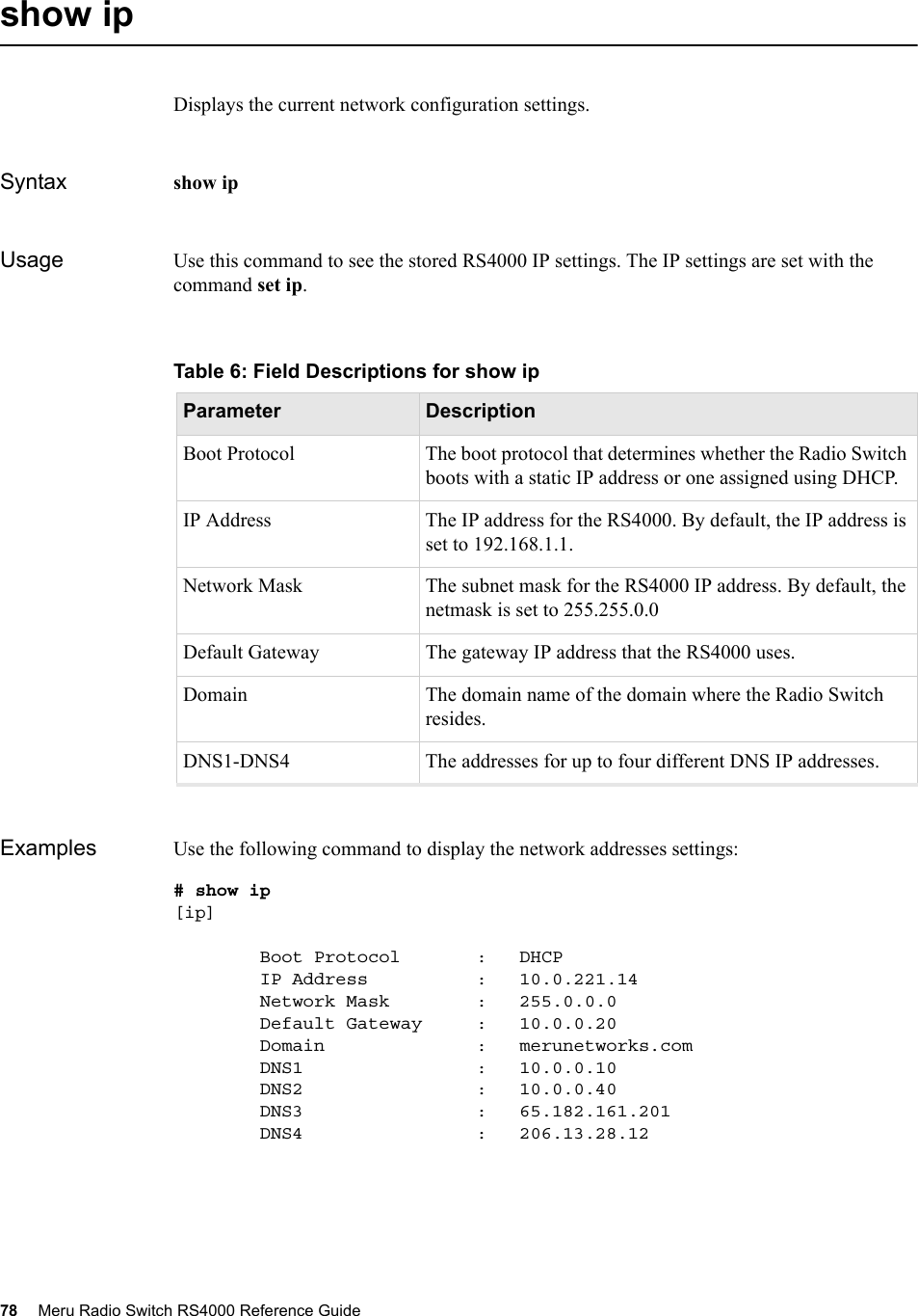 78 Meru Radio Switch RS4000 Reference Guide show ip Displays the current network configuration settings.Syntax show ipUsage Use this command to see the stored RS4000 IP settings. The IP settings are set with the command set ip.Examples Use the following command to display the network addresses settings:# show ip [ip]        Boot Protocol       :   DHCP        IP Address          :   10.0.221.14        Network Mask        :   255.0.0.0        Default Gateway     :   10.0.0.20        Domain              :   merunetworks.com        DNS1                :   10.0.0.10        DNS2                :   10.0.0.40        DNS3                :   65.182.161.201        DNS4                :   206.13.28.12Table 6: Field Descriptions for show ipParameter DescriptionBoot Protocol The boot protocol that determines whether the Radio Switch boots with a static IP address or one assigned using DHCP. IP Address The IP address for the RS4000. By default, the IP address is set to 192.168.1.1.Network Mask The subnet mask for the RS4000 IP address. By default, the netmask is set to 255.255.0.0Default Gateway The gateway IP address that the RS4000 uses.Domain The domain name of the domain where the Radio Switch resides.DNS1-DNS4 The addresses for up to four different DNS IP addresses. 