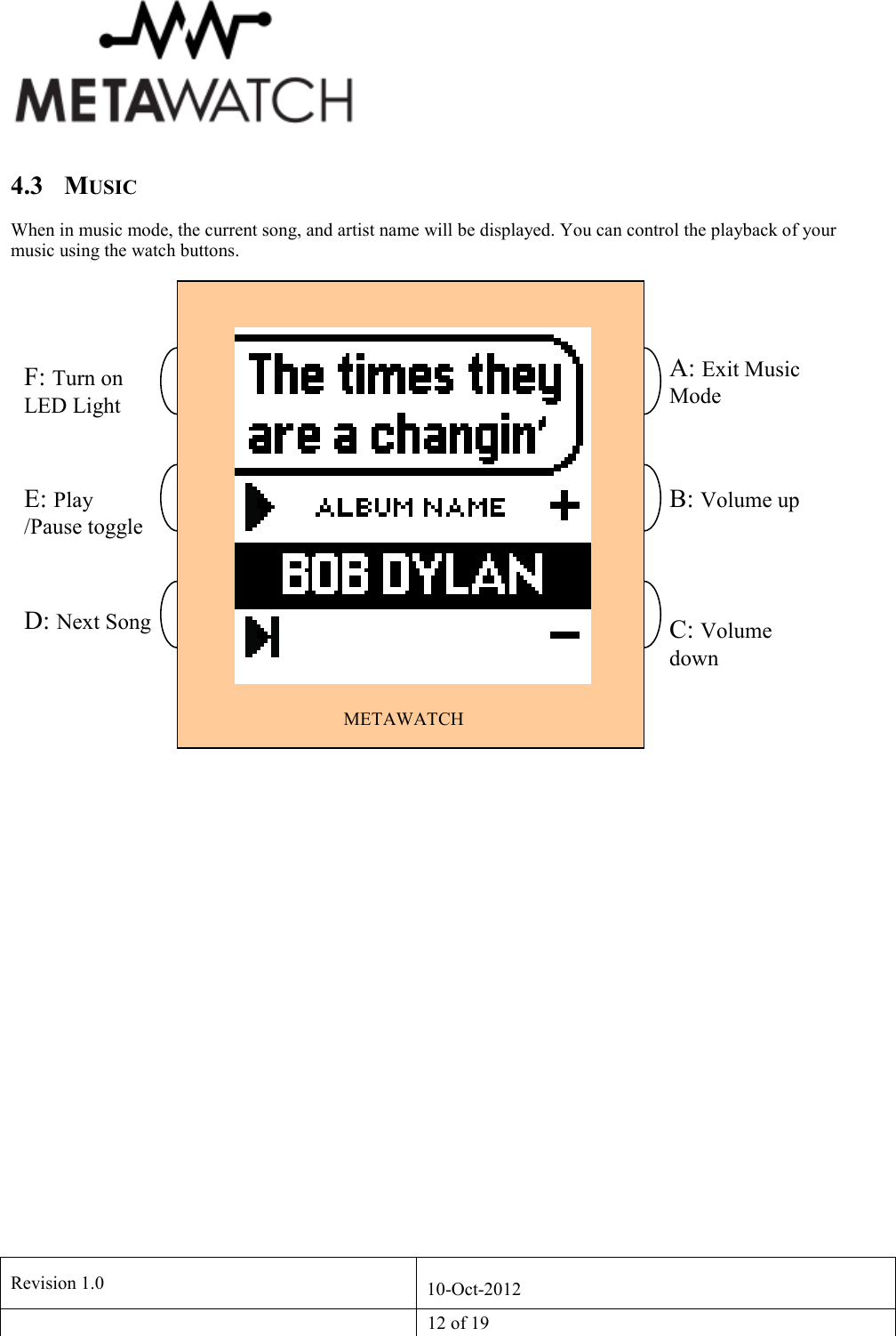   Revision 1.0  10-Oct-2012   12 of 19   4.3 MUSIC When in music mode, the current song, and artist name will be displayed. You can control the playback of your music using the watch buttons.          METAWATCH A: Exit Music Mode F: Turn on LED Light E: Play /Pause toggle D: Next Song A C F  B: Volume up  C: Volume down 