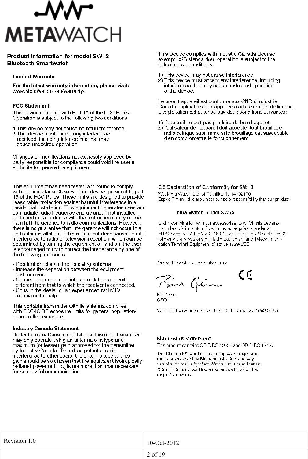   Revision 1.0  10-Oct-2012   2 of 19   