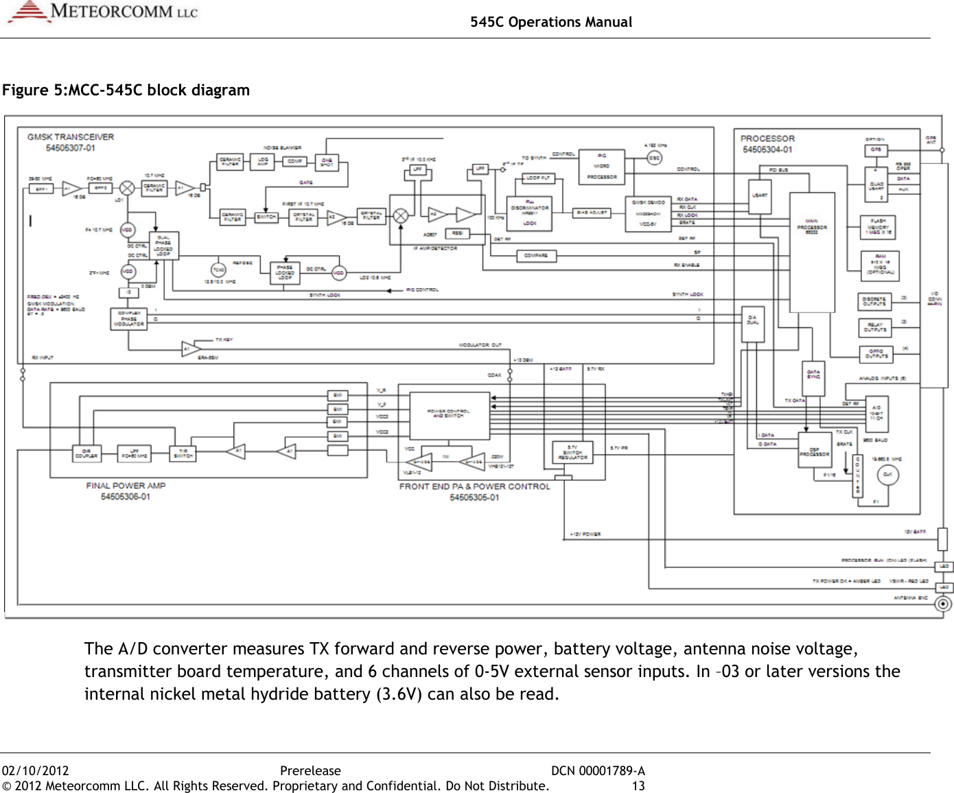   545C Operations Manual 02/10/2012  Prerelease  DCN 00001789-A © 2012 Meteorcomm LLC. All Rights Reserved. Proprietary and Confidential. Do Not Distribute.  13 Figure 5:MCC-545C block diagram  The A/D converter measures TX forward and reverse power, battery voltage, antenna noise voltage, transmitter board temperature, and 6 channels of 0-5V external sensor inputs. In –03 or later versions the internal nickel metal hydride battery (3.6V) can also be read. 