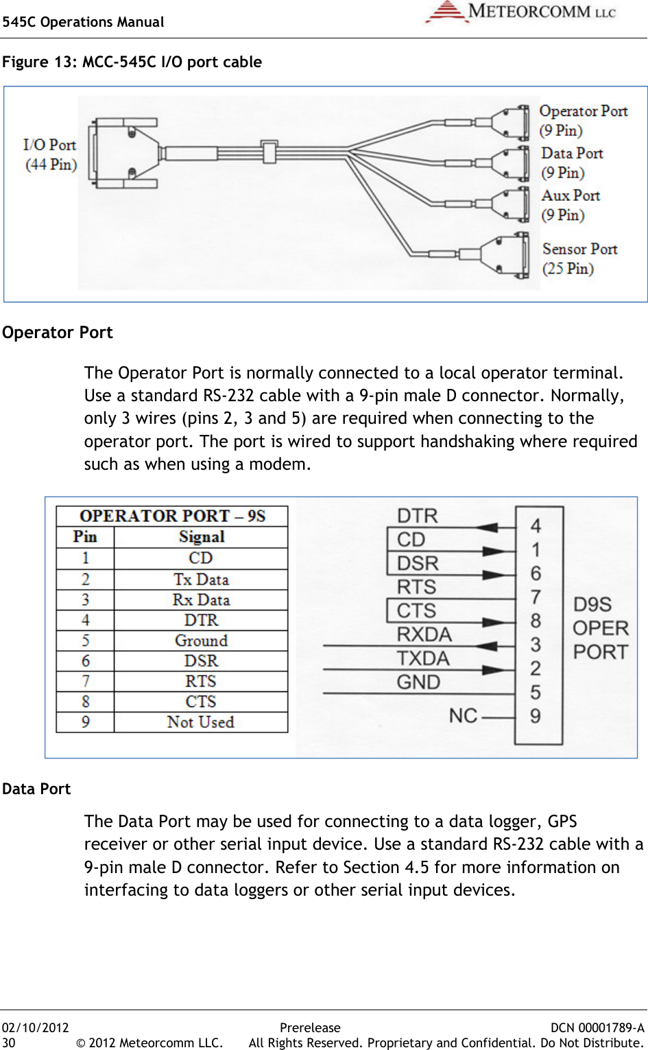 545C Operations Manual   02/10/2012  Prerelease  DCN 00001789-A 30  © 2012 Meteorcomm LLC.   All Rights Reserved. Proprietary and Confidential. Do Not Distribute. Figure 13: MCC-545C I/O port cable  Operator Port The Operator Port is normally connected to a local operator terminal. Use a standard RS-232 cable with a 9-pin male D connector. Normally, only 3 wires (pins 2, 3 and 5) are required when connecting to the operator port. The port is wired to support handshaking where required such as when using a modem.  Data Port The Data Port may be used for connecting to a data logger, GPS receiver or other serial input device. Use a standard RS-232 cable with a 9-pin male D connector. Refer to Section 4.5 for more information on interfacing to data loggers or other serial input devices. 