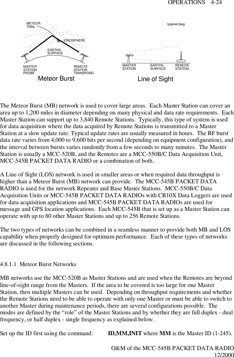 OPERATIONS    4-24O&amp;M of the MCC-545B PACKET DATA RADIO12/2000          typenet.dwgMETEORTRAILIONOSPHEREEARTHSSURFACEMASTERSTATION REMOTESTATIONEARTHSSURFACELine of SightMeteor BurstMASTERSTATIONPROBEREMOTESTATIONTRANSPONDThe Meteor Burst (MB) network is used to cover large areas.  Each Master Station can cover anarea up to 1,200 miles in diameter depending on many physical and data rate requirements.  EachMaster Station can support up to 3,840 Remote Stations.  Typically, this type of system is usedfor data acquisition where the data acquired by Remote Stations is transmitted to a MasterStation at a slow update rate. Typical update rates are usually measured in hours.  The RF burstdata rate varies from 4,000 to 9,600 bits per second (depending on equipment configuration), andthe interval between bursts varies randomly from a few seconds to many minutes.  The MasterStation is usually a MCC-520B, and the Remotes are a MCC-550B/C Data Acquisition Unit,MCC-545B PACKET DATA RADIO or a combination of both.A Line of Sight (LOS) network is used in smaller areas or when required data throughput ishigher than a Meteor Burst (MB) network can provide.  The MCC-545B PACKET DATARADIO is used for the network Repeater and Base Master Stations.  MCC-550B/C DataAcquisition Units or MCC-545B PACKET DATA RADIOs with CR10X Data Loggers are usedfor data acquisition applications and MCC-545B PACKET DATA RADIOs are used formessage and GPS location applications.  Each MCC-545B that is set up as a Master Station canoperate with up to 80 other Master Stations and up to 256 Remote Stations.The two types of networks can be combined in a seamless manner to provide both MB and LOScapability when properly designed for optimum performance.  Each of these types of networksare discussed in the following sections.4.8.1.1  Meteor Burst NetworksMB networks use the MCC-520B as Master Stations and are used when the Remotes are beyondline-of-sight range from the Masters.  If the area to be covered is too large for one MasterStation, then multiple Masters can be used.  Depending on throughput requirements and whetherthe Remote Stations need to be able to operate with only one Master or must be able to switch toanother Master during maintenance periods, there are several configurations possible.  Themodes are defined by the “role” of the Master Stations and by whether they are full duplex - dualfrequency, or half duplex - single frequency as explained below.Set up the ID first using the command: ID,MM,INIT where MM is the Master ID (1-245).