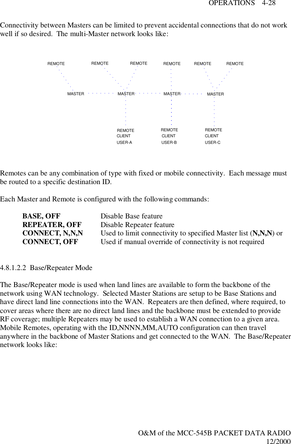 OPERATIONS    4-28O&amp;M of the MCC-545B PACKET DATA RADIO12/2000Connectivity between Masters can be limited to prevent accidental connections that do not workwell if so desired.  The multi-Master network looks like:REMOTE REMOTE REMOTE REMOTE REMOTE REMOTEMASTER MASTER MASTER MASTERREMOTE REMOTE REMOTECLIENT CLIENT CLIENTUSER-A USER-B USER-CRemotes can be any combination of type with fixed or mobile connectivity.  Each message mustbe routed to a specific destination ID.Each Master and Remote is configured with the following commands:BASE, OFF Disable Base featureREPEATER, OFF Disable Repeater featureCONNECT, N,N,N Used to limit connectivity to specified Master list (N,N,N) orCONNECT, OFF Used if manual override of connectivity is not required4.8.1.2.2  Base/Repeater ModeThe Base/Repeater mode is used when land lines are available to form the backbone of thenetwork using WAN technology.  Selected Master Stations are setup to be Base Stations andhave direct land line connections into the WAN.  Repeaters are then defined, where required, tocover areas where there are no direct land lines and the backbone must be extended to provideRF coverage; multiple Repeaters may be used to establish a WAN connection to a given area.Mobile Remotes, operating with the ID,NNNN,MM,AUTO configuration can then travelanywhere in the backbone of Master Stations and get connected to the WAN.  The Base/Repeaternetwork looks like: