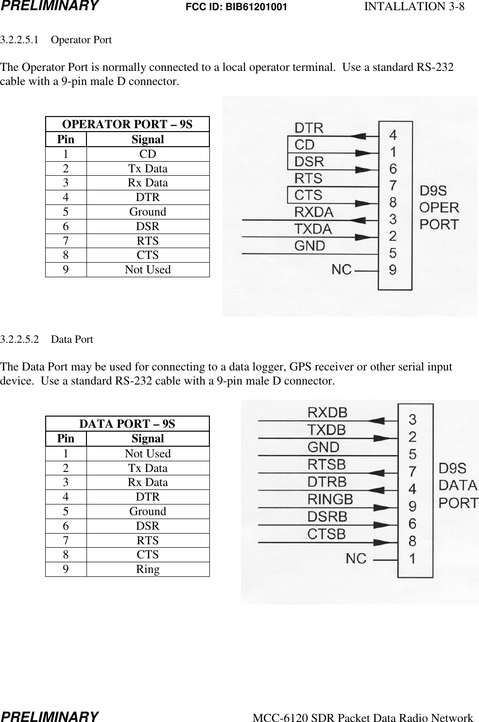 PRELIMINARY FCC ID: BIB61201001  INTALLATION 3-8  PRELIMINARY  MCC-6120 SDR Packet Data Radio Network 3.2.2.5.1 Operator Port  The Operator Port is normally connected to a local operator terminal.  Use a standard RS-232 cable with a 9-pin male D connector.   OPERATOR PORT – 9S Pin  Signal 1  CD  2  Tx Data  3  Rx Data  4  DTR  5  Ground 6  DSR 7  RTS  8  CTS  9  Not Used     3.2.2.5.2 Data Port  The Data Port may be used for connecting to a data logger, GPS receiver or other serial input device.  Use a standard RS-232 cable with a 9-pin male D connector.   DATA PORT – 9S Pin  Signal 1  Not Used 2  Tx Data  3  Rx Data  4  DTR  5  Ground 6  DSR  7  RTS  8  CTS  9  Ring     