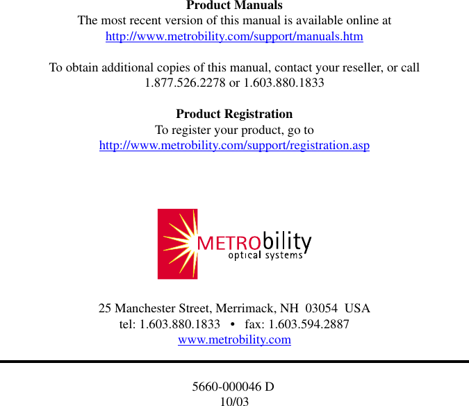 Metrobility Optical Systems R200 Users Manual 7517HS B MAN