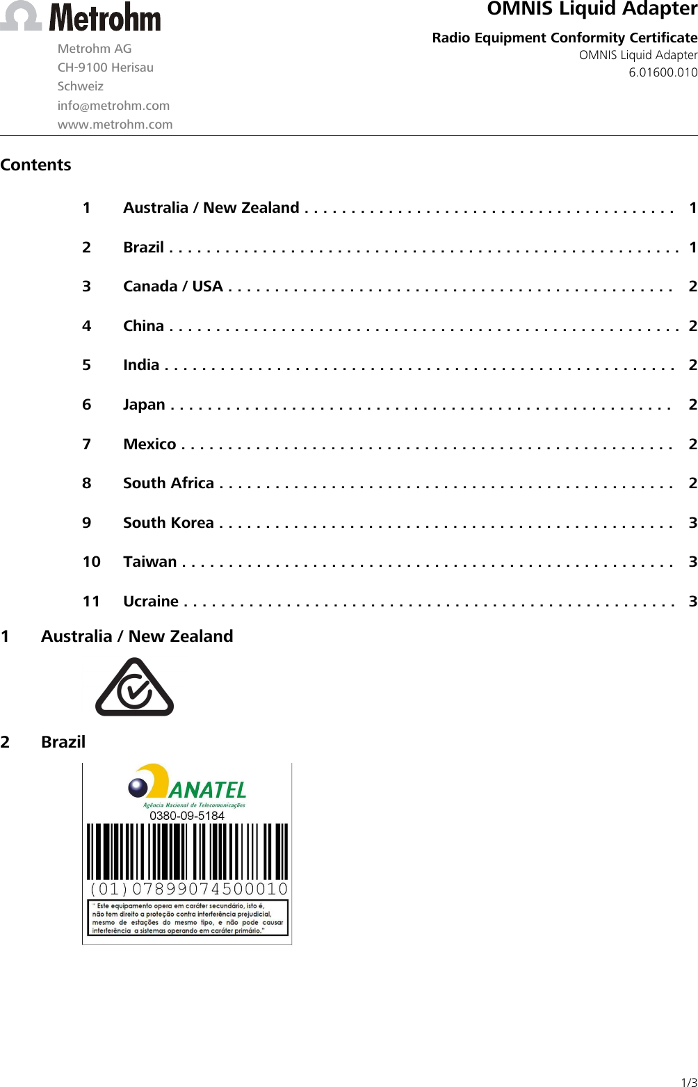 Metrohm 3014000400 RFID-Tranceiver User Manual OMNIS Liquid Adapter