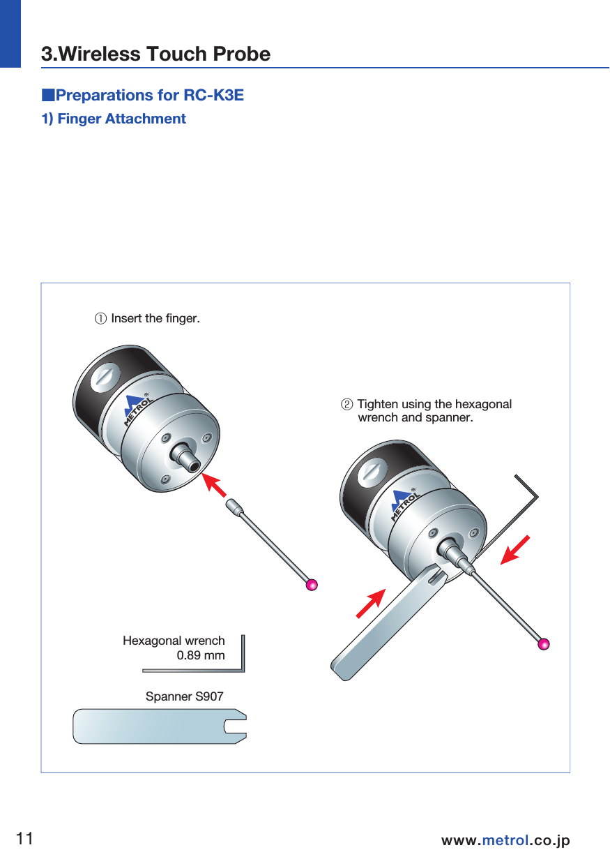 ■Preparations for RC-K3E1) Finger Attachment2) Installing and Replacing the BatteryConfirm the alignment of the battery electrodes when inserting the battery.  The LED display will not light if a dead battery is mistakenly inserted into the probe (refer to P18).  Do not allow coolant or cuttings to get inside the battery housing. After attaching the battery cover, the LED will light for about 10 seconds.  Do not touch the finger while the LED is lit.  (The probe will switch to the matching mode if the finger is touched while the LED is lit.  Reinstall the battery if this happens.)① Remove the battery cover      with a screwdriver or coin.② Take out the battery.  Hexagonal wrench0.89 mmSpanner S907① Insert the finger.② Tighten using the hexagonal      wrench and spanner.3.Wireless Touch Probe  1112www.metrol.co.jpwww.metrol.co.jp