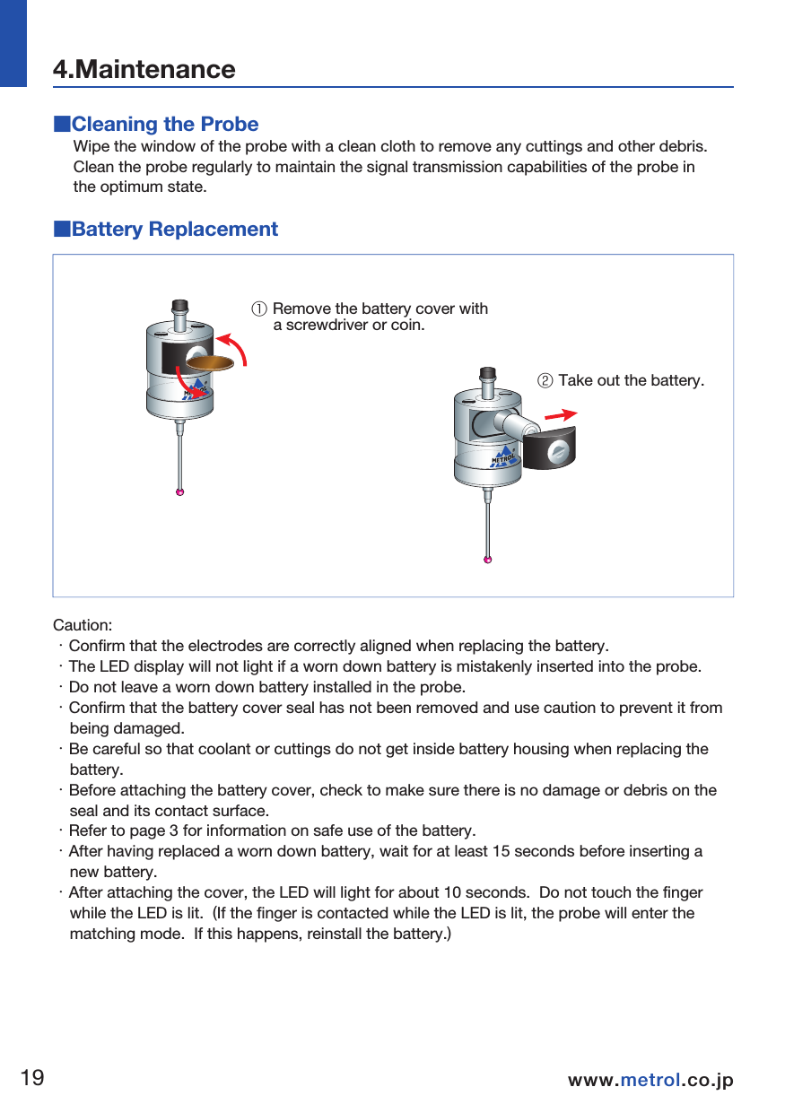 ■Cleaning the ProbeWipe the window of the probe with a clean cloth to remove any cuttings and other debris.  Clean the probe regularly to maintain the signal transmission capabilities of the probe in the optimum state.  Caution:・Confirm that the electrodes are correctly aligned when replacing the battery.・The LED display will not light if a worn down battery is mistakenly inserted into the probe.  ・Do not leave a worn down battery installed in the probe.・Confirm that the battery cover seal has not been removed and use caution to prevent it from being damaged.・Be careful so that coolant or cuttings do not get inside battery housing when replacing the battery.・Before attaching the battery cover, check to make sure there is no damage or debris on the seal and its contact surface.  ・Refer to page 3 for information on safe use of the battery.・After having replaced a worn down battery, wait for at least 15 seconds before inserting a new battery.・After attaching the cover, the LED will light for about 10 seconds.  Do not touch the finger while the LED is lit.  (If the finger is contacted while the LED is lit, the probe will enter the matching mode.  If this happens, reinstall the battery.) ■Battery Replacement① Remove the battery cover with      a screwdriver or coin. ② Take out the battery.1920www.metrol.co.jpwww.metrol.co.jpNOTE 4.Maintenance  