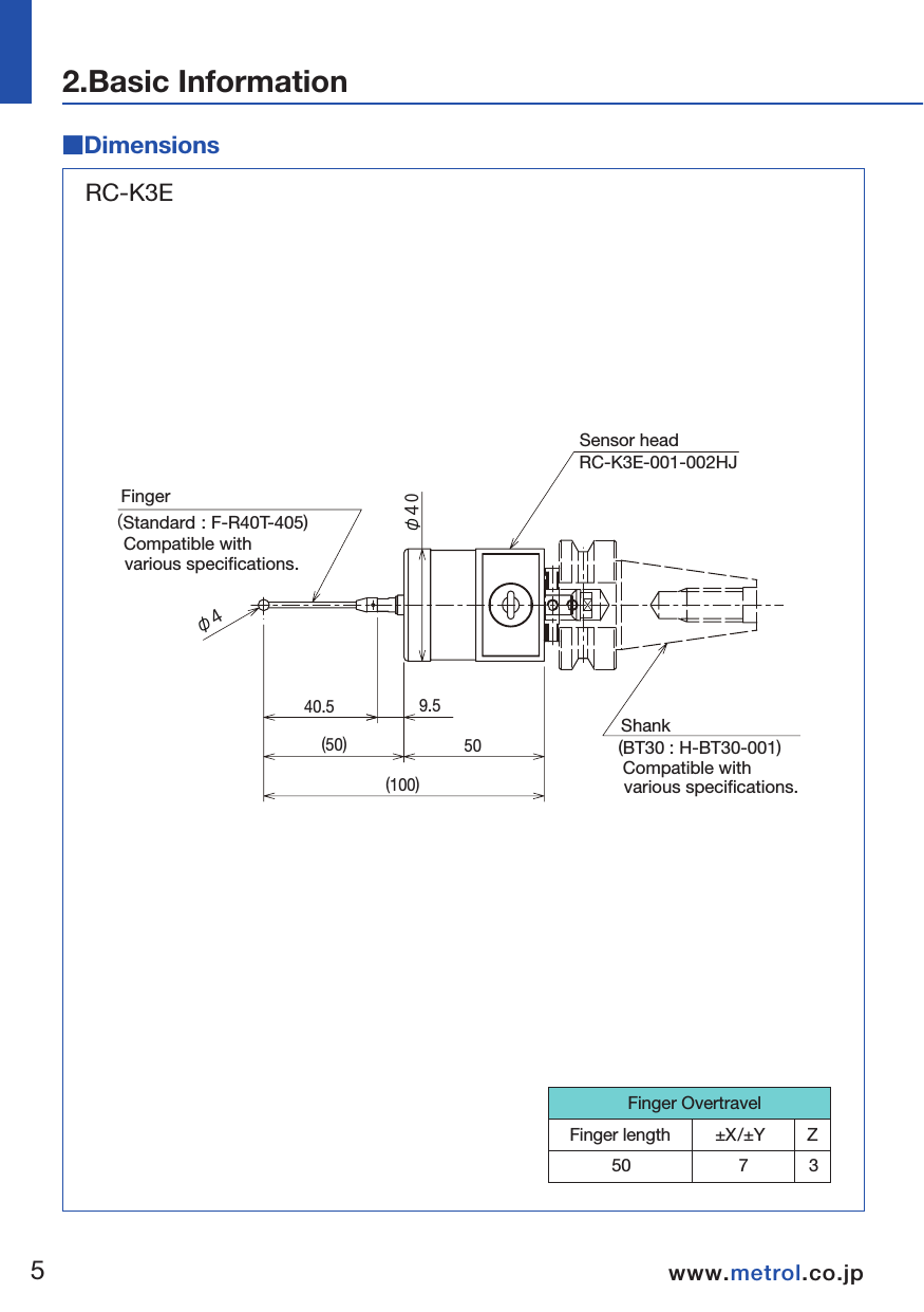 RC-K3E-001-002HJ(BT30 : H-BT30-001)■Dimensions■Dimensions            Finger OvertravelFinger length         ±X/±Y         Z         50                       7             32.Basic Information56www.metrol.co.jpwww.metrol.co.jpRC-K3ERC-R0273140(189)(72)(117)2815 31.2φ10(172)Output cable(Standard 5m : DC-R02-050)9909022.5 502-M6depth : 8Mounting surface viewMounting surface view(100)(50)5040.5 9.5φ４φ４0(Standard : F-R40T-405)ShankSensor head  FingerCompatible with  various specifications.Compatible with  various specifications.7.5(28)(15)