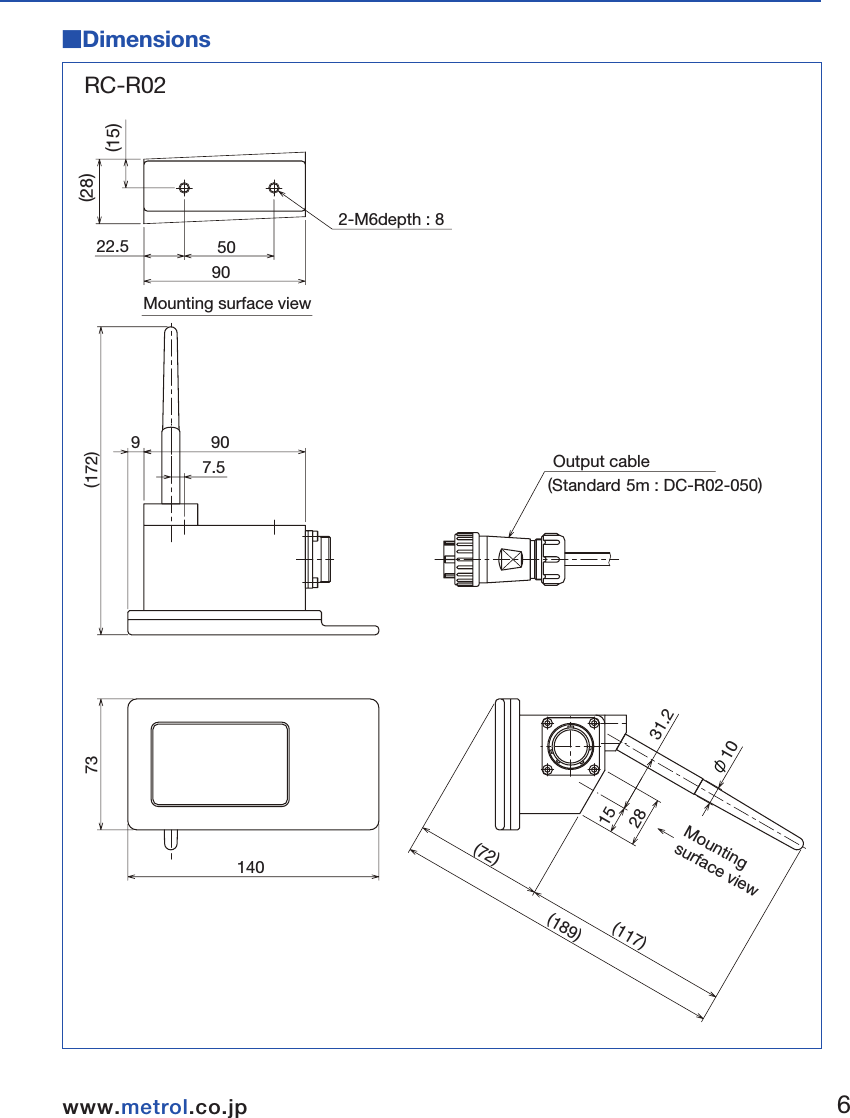 RC-K3E-001-002HJ(BT30 : H-BT30-001)■Dimensions■Dimensions            Finger OvertravelFinger length         ±X/±Y         Z         50                       7             32.Basic Information56www.metrol.co.jpwww.metrol.co.jpRC-K3ERC-R0273140(189)(72)(117)2815 31.2φ10(172)Output cable(Standard 5m : DC-R02-050)9909022.5 502-M6depth : 8Mounting surface viewMounting surface view(100)(50)5040.5 9.5φ４φ４0(Standard : F-R40T-405)ShankSensor head  FingerCompatible with  various specifications.Compatible with  various specifications.7.5(28)(15)