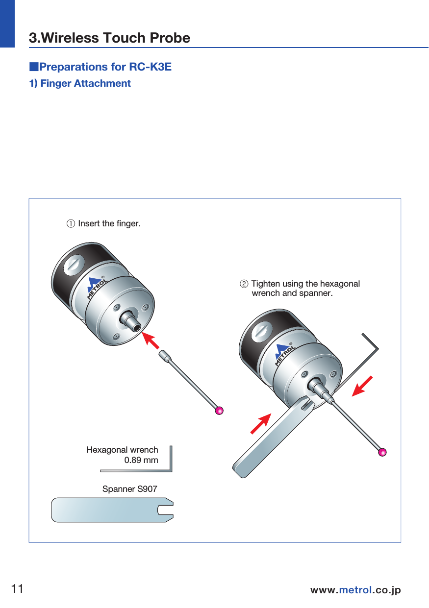 ■Preparations for RC-K3E1) Finger Attachment2) Installing and Replacing the BatteryConfirm the alignment of the battery electrodes when inserting the battery.  The LED display will not light if a dead battery is mistakenly inserted into the probe (refer to P18).  Do not allow coolant or cuttings to get inside the battery housing. After attaching the battery cover, the LED will light for about 10 seconds.  Do not touch the finger while the LED is lit.  (The probe will switch to the matching mode if the finger is touched while the LED is lit.  Reinstall the battery if this happens.)① Remove the battery cover      with a screwdriver or coin.② Take out the battery.  Hexagonal wrench0.89 mmSpanner S907① Insert the finger.② Tighten using the hexagonal      wrench and spanner.3.Wireless Touch Probe&emsp;&emsp;1112www.metrol.co.jpwww.metrol.co.jp