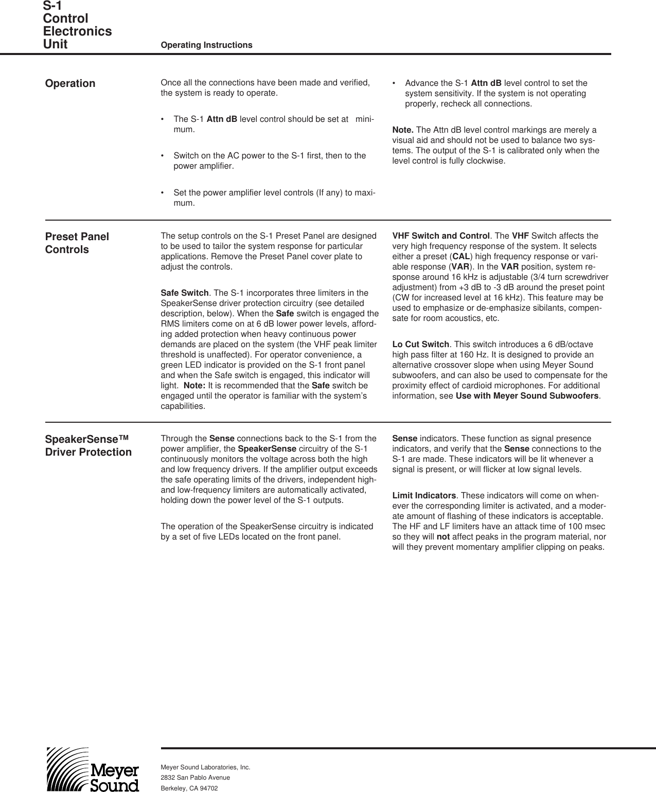 Page 2 of 4 - Meyer-Sound Meyer-Sound-Control-Electronics-Unit-S-1-Users-Manual-  Meyer-sound-control-electronics-unit-s-1-users-manual