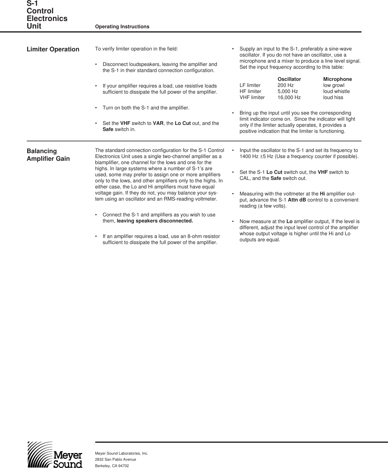 Page 3 of 4 - Meyer-Sound Meyer-Sound-Control-Electronics-Unit-S-1-Users-Manual-  Meyer-sound-control-electronics-unit-s-1-users-manual