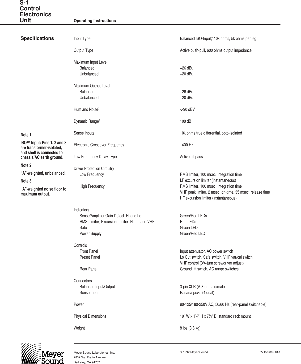 Page 4 of 4 - Meyer-Sound Meyer-Sound-Control-Electronics-Unit-S-1-Users-Manual-  Meyer-sound-control-electronics-unit-s-1-users-manual