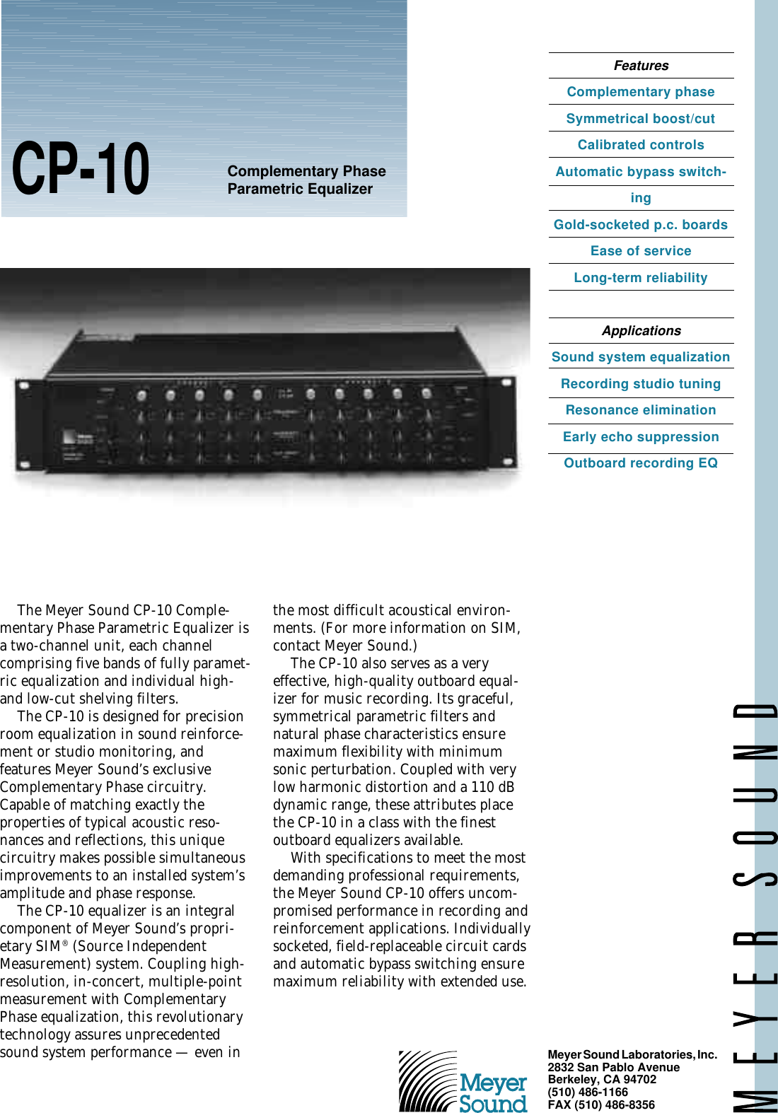 Page 1 of 2 - Meyer-Sound Meyer-Sound-Cp-10-Users-Manual- Meyer-sound-cp-10-users-manual