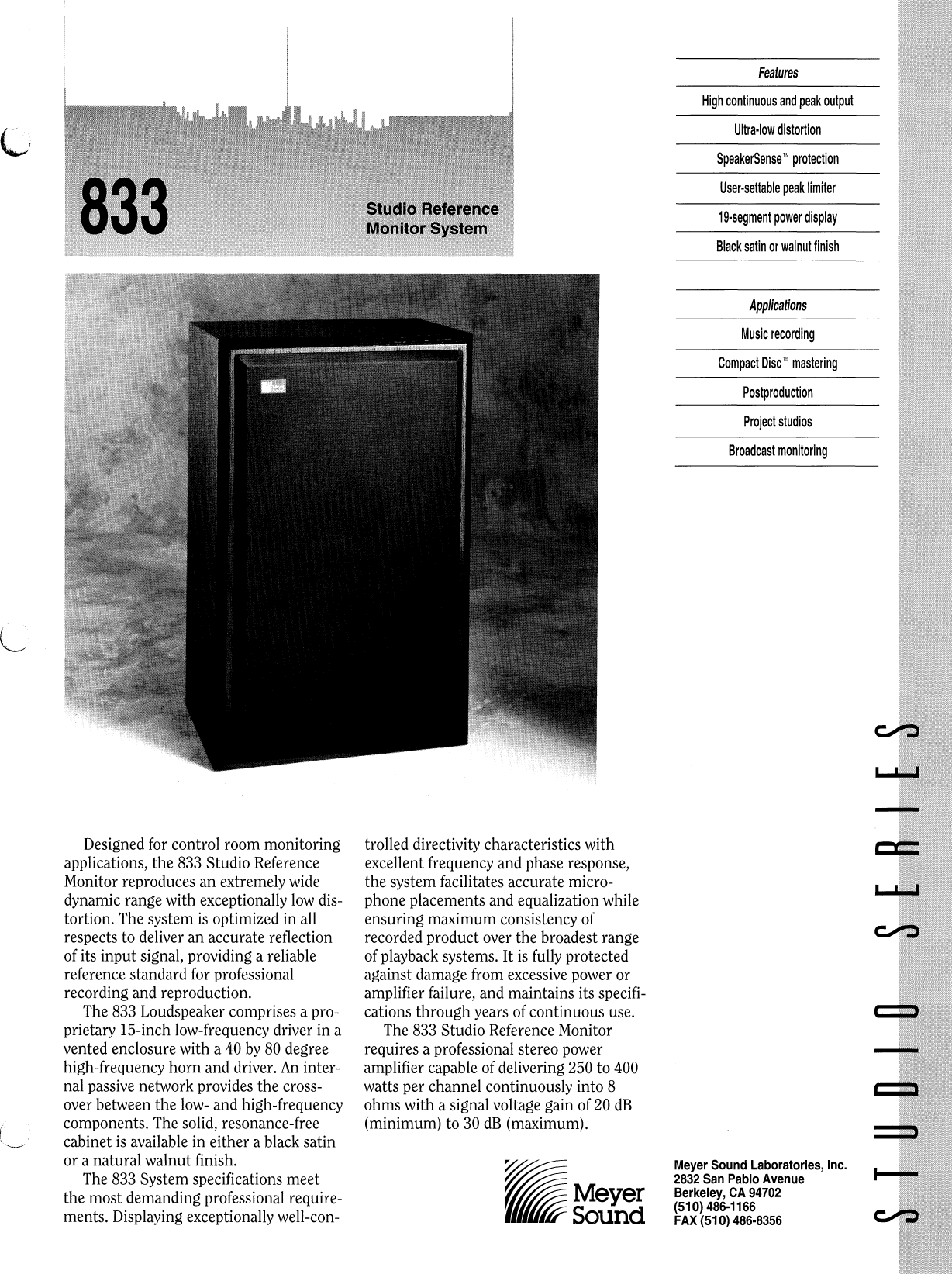 Page 1 of 4 - Meyer-Sound Meyer-Sound-Studio-Reference-Monitor-System-833-Users-Manual-  Meyer-sound-studio-reference-monitor-system-833-users-manual