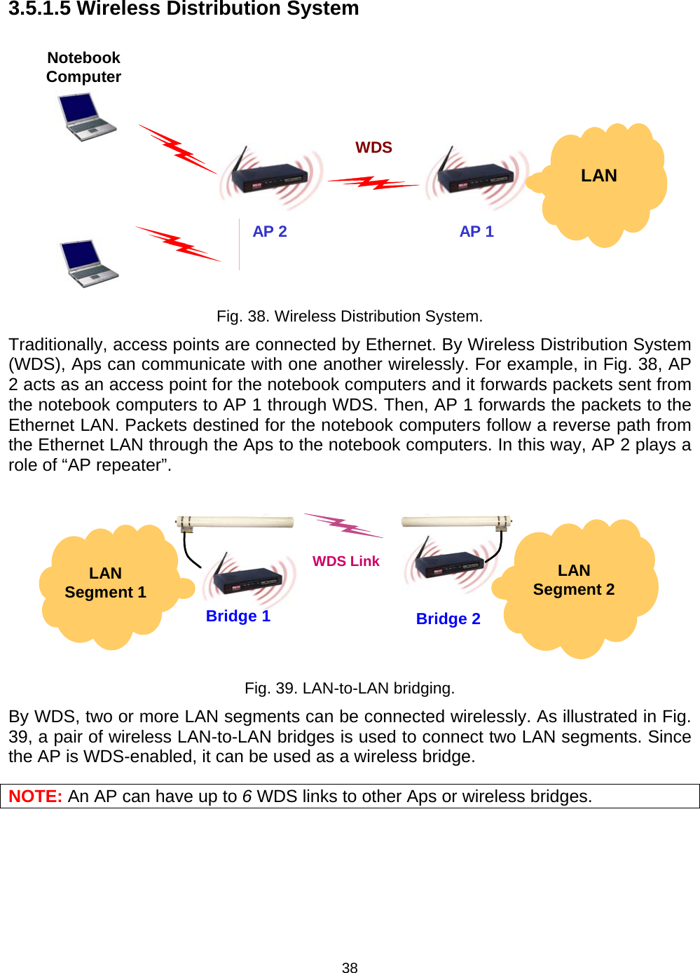   383.5.1.5 Wireless Distribution System   LAN AP 2Notebook Computer AP 1WDS Fig. 38. Wireless Distribution System. Traditionally, access points are connected by Ethernet. By Wireless Distribution System (WDS), Aps can communicate with one another wirelessly. For example, in Fig. 38, AP 2 acts as an access point for the notebook computers and it forwards packets sent from the notebook computers to AP 1 through WDS. Then, AP 1 forwards the packets to the Ethernet LAN. Packets destined for the notebook computers follow a reverse path from the Ethernet LAN through the Aps to the notebook computers. In this way, AP 2 plays a role of &ldquo;AP repeater&rdquo;.   LAN Segment 2  LAN Segment 1 Bridge 1 WDS LinkBridge 2  Fig. 39. LAN-to-LAN bridging. By WDS, two or more LAN segments can be connected wirelessly. As illustrated in Fig. 39, a pair of wireless LAN-to-LAN bridges is used to connect two LAN segments. Since the AP is WDS-enabled, it can be used as a wireless bridge. NOTE: An AP can have up to 6 WDS links to other Aps or wireless bridges. 