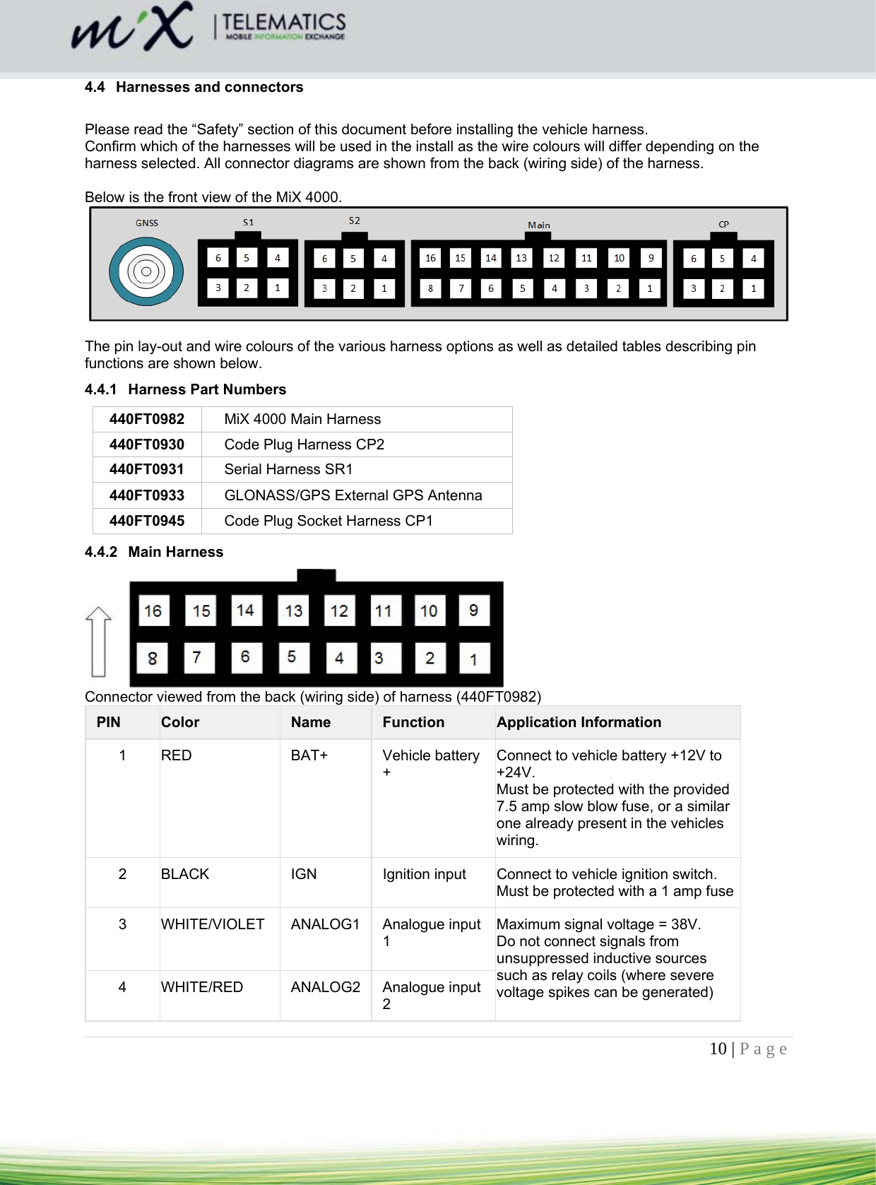 10 | Page    4.4  Harnesses and connectors  Please read the “Safety” section of this document before installing the vehicle harness. Confirm which of the harnesses will be used in the install as the wire colours will differ depending on the harness selected. All connector diagrams are shown from the back (wiring side) of the harness.  Below is the front view of the MiX 4000.   The pin lay-out and wire colours of the various harness options as well as detailed tables describing pin functions are shown below. 4.4.1  Harness Part Numbers 440FT0982  MiX 4000 Main Harness 440FT0930  Code Plug Harness CP2 440FT0931  Serial Harness SR1 440FT0933  GLONASS/GPS External GPS Antenna 440FT0945  Code Plug Socket Harness CP1 4.4.2 Main Harness  Connector viewed from the back (wiring side) of harness (440FT0982)  PIN  Color  Name  Function  Application Information  1 RED  BAT+  Vehicle battery + Connect to vehicle battery +12V to +24V.  Must be protected with the provided 7.5 amp slow blow fuse, or a similar one already present in the vehicles wiring. 2  BLACK  IGN  Ignition input  Connect to vehicle ignition switch.  Must be protected with a 1 amp fuse 3 WHITE/VIOLET ANALOG1 Analogue input 1 Maximum signal voltage = 38V.  Do not connect signals from unsuppressed inductive sources such as relay coils (where severe voltage spikes can be generated) 4 WHITE/RED  ANALOG2 Analogue input 2 