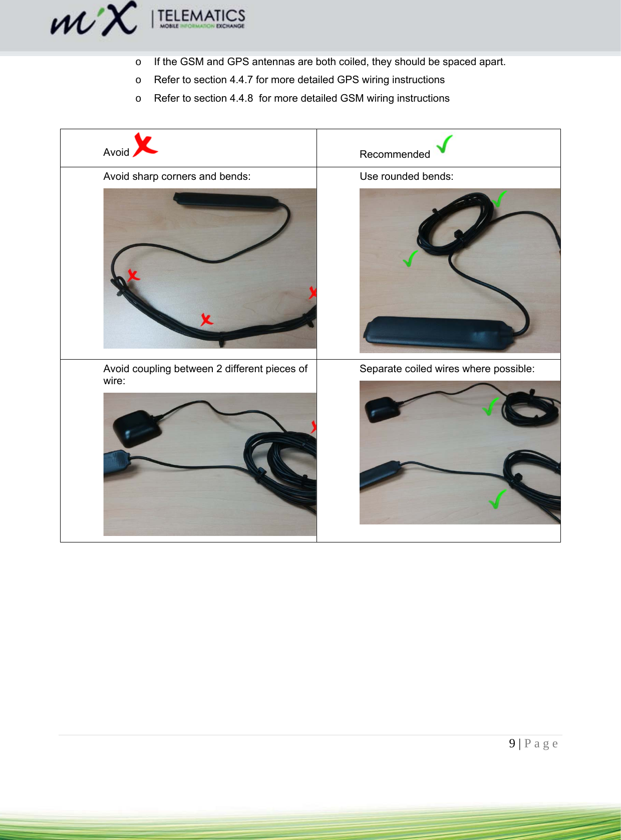 9 | Page    o  If the GSM and GPS antennas are both coiled, they should be spaced apart. o  Refer to section 4.4.7 for more detailed GPS wiring instructions  o  Refer to section 4.4.8  for more detailed GSM wiring instructions   Avoid   Recommended  Avoid sharp corners and bends:  Use rounded bends: Avoid coupling between 2 different pieces of wire: Separate coiled wires where possible:        