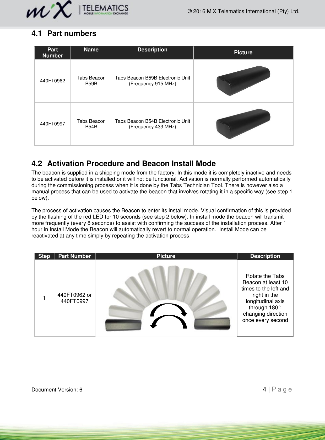  Document Version: 6                                                                                                   4 | P a g e        © 2016 MiX Telematics International (Pty) Ltd. 4.1  Part numbers  Part Number Name Description Picture 440FT0962 Tabs Beacon B59B Tabs Beacon B59B Electronic Unit (Frequency 915 MHz)  440FT0997 Tabs Beacon B54B Tabs Beacon B54B Electronic Unit (Frequency 433 MHz)   4.2  Activation Procedure and Beacon Install Mode The beacon is supplied in a shipping mode from the factory. In this mode it is completely inactive and needs to be activated before it is installed or it will not be functional. Activation is normally performed automatically during the commissioning process when it is done by the Tabs Technician Tool. There is however also a manual process that can be used to activate the beacon that involves rotating it in a specific way (see step 1 below).   The process of activation causes the Beacon to enter its install mode. Visual confirmation of this is provided by the flashing of the red LED for 10 seconds (see step 2 below). In install mode the beacon will transmit more frequently (every 8 seconds) to assist with confirming the success of the installation process. After 1 hour in Install Mode the Beacon will automatically revert to normal operation.  Install Mode can be reactivated at any time simply by repeating the activation process.     Step Part Number Picture Description 1 440FT0962 or 440FT0997  Rotate the Tabs Beacon at least 10 times to the left and right in the longitudinal axis through 180°, changing direction once every second 
