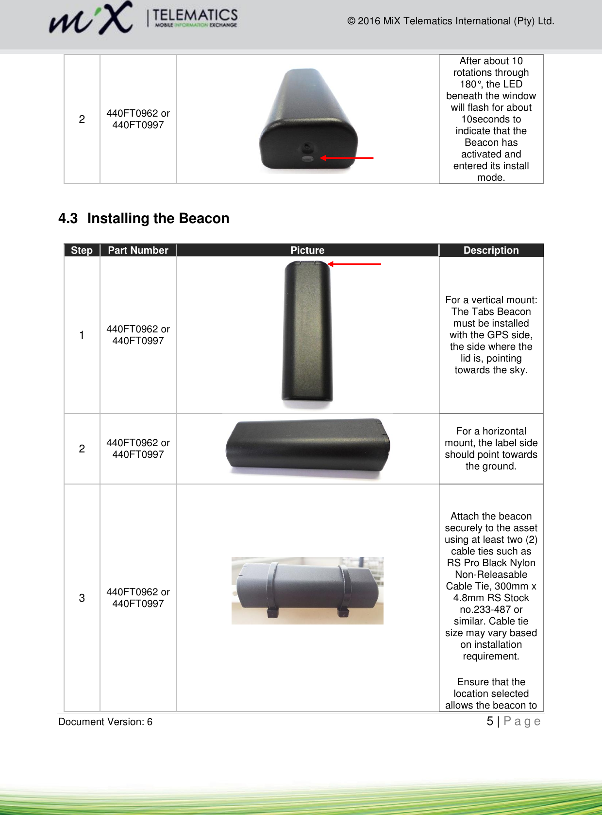  Document Version: 6                                                                                                   5 | P a g e        © 2016 MiX Telematics International (Pty) Ltd. 2 440FT0962 or 440FT0997  After about 10 rotations through 180°, the LED beneath the window will flash for about 10seconds to indicate that the Beacon has activated and entered its install mode.   4.3  Installing the Beacon  Step Part Number Picture Description 1 440FT0962 or 440FT0997  For a vertical mount: The Tabs Beacon must be installed with the GPS side, the side where the lid is, pointing towards the sky. 2 440FT0962 or 440FT0997  For a horizontal mount, the label side should point towards the ground. 3 440FT0962 or 440FT0997   Attach the beacon securely to the asset using at least two (2) cable ties such as RS Pro Black Nylon Non-Releasable Cable Tie, 300mm x 4.8mm RS Stock no.233-487 or similar. Cable tie size may vary based on installation requirement.   Ensure that the location selected allows the beacon to 