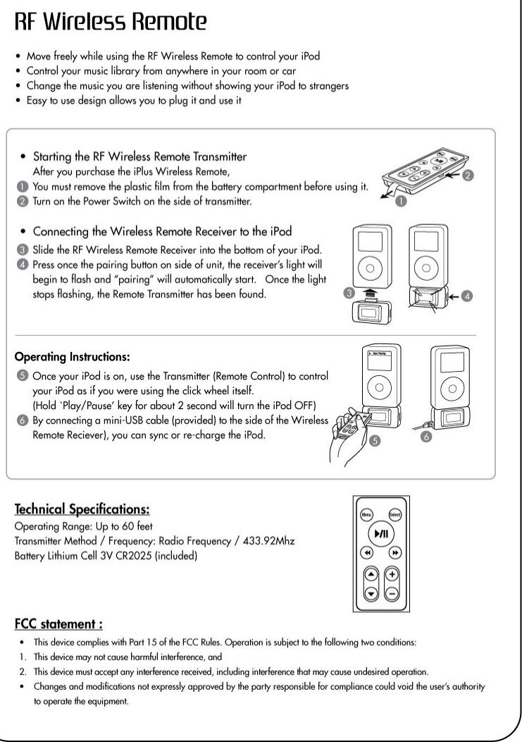Micro Electronics RF433 RF Remote Control For iPod User Manual