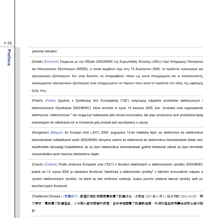  1-15 Preface  yükümlü olacaktır. (Greek) (Ελληνικά) Σύμφωνα με την Οδηγία 2002/96/ΕΚ της Ευρωπαϊκής Ένωσης («ΕΕ») περί Απόρριψης Ηλεκτρικού και Ηλεκτρονικού Εξοπλισμού (WEEE), η οποία λαμβάνει ισχύ στις 13 Αυγούστου 2005, τα προϊόντα «ηλεκτρικού και ηλεκτρονικού εξοπλισμού»  δεν είναι δυνατόν να απορριφθούν πλέον ως κοινά απορρίμματα και οι κατασκευαστές κεκαλυμμένου ηλεκτρονικού εξοπλισμού είναι υποχρεωμένοι να πάρουν πίσω αυτά τα προϊόντα στο τέλος της ωφέλιμης ζωής τους. (Polish) (Polski) Zgodnie z Dyrektywą Unii Europejskiej (&quot;UE&quot;) dotyczącą odpadów produktów elektrycznych i elektronicznych (Dyrektywa 2002/96/EC), która wchodzi w życie 13 sierpnia 2005, tzw. “produkty oraz wyposażenie elektryczne i elektroniczne &quot; nie mogą być traktowane jako śmieci komunalne, tak więc producenci tych produktów będą zobowiązani do odbierania ich w momencie gdy produkt jest wycofywany z użycia. (Hungarian)  (Magyar) Az Európai Unió („EU&quot;) 2005. augusztus 13-án hatályba lépő, az elektromos és elektronikus berendezések hulladékairól szóló 2002/96/EK irányelve szerint az elektromos és elektronikus berendezések többé nem kezelhetőek lakossági hulladékként, és az ilyen elektronikus berendezések gyártói kötelessé válnak az ilyen termékek visszavételére azok hasznos élettartama végén. (Czech) (Čeština)  Podle směrnice Evropské unie (&quot;EU&quot;) o likvidaci elektrických a elektronických výrobků 2002/96/EC platné od 13. srpna 2005 je zakázáno likvidovat &quot;elektrické a elektronické výrobky&quot; v běžném komunálním odpadu a výrobci elektronických výrobků, na které se tato směrnice vztahuje, budou povinni odebírat takové výrobky zpět po skončení jejich životnosti. (Traditional Chinese ) (繁體中文) 歐盟已制訂有關廢電機電子設備法令，亦即自 2005 年 8 月 13 日生效的 2002/96/EC，明文規定「電機電子設備產品」不可再以都市廢棄物處理，且所有相關電子設備製造商，均須在產品使用壽命結束後進行回收。 