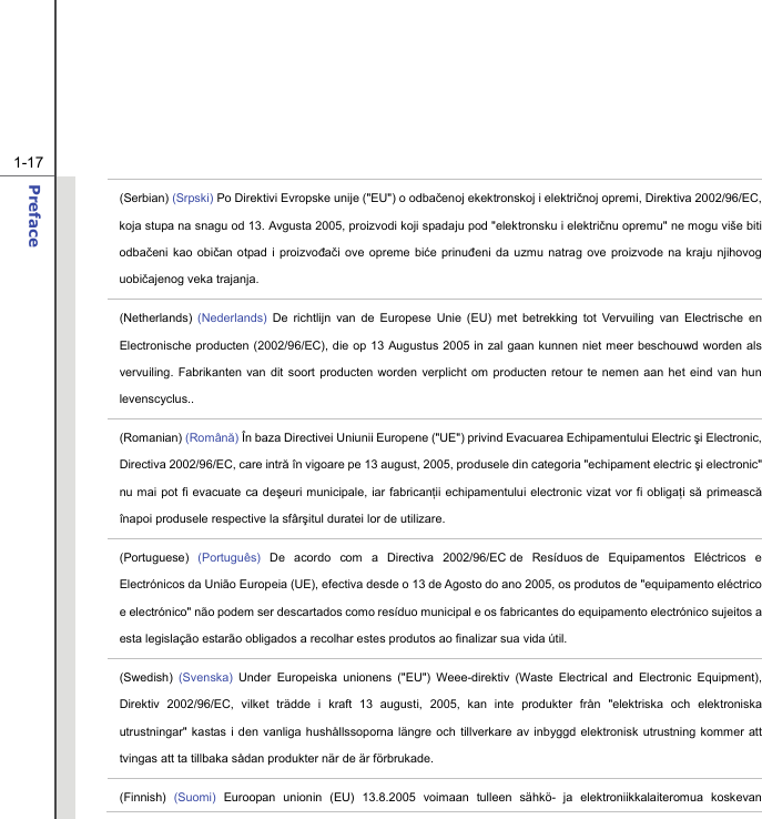  1-17 Preface  (Serbian) (Srpski) Po Direktivi Evropske unije (&quot;EU&quot;) o odbačenoj ekektronskoj i električnoj opremi, Direktiva 2002/96/EC, koja stupa na snagu od 13. Avgusta 2005, proizvodi koji spadaju pod &quot;elektronsku i električnu opremu&quot; ne mogu više biti odbačeni kao običan otpad i proizvođači ove opreme biće prinuđeni da uzmu natrag ove proizvode na kraju njihovog uobičajenog veka trajanja. (Netherlands)  (Nederlands) De richtlijn van de Europese Unie (EU) met betrekking tot Vervuiling van Electrische en Electronische producten (2002/96/EC), die op 13 Augustus 2005 in zal gaan kunnen niet meer beschouwd worden als vervuiling. Fabrikanten van dit soort producten worden verplicht om producten retour te nemen aan het eind van hun levenscyclus.. (Romanian) (Română) În baza Directivei Uniunii Europene (&quot;UE&quot;) privind Evacuarea Echipamentului Electric şi Electronic, Directiva 2002/96/EC, care intră în vigoare pe 13 august, 2005, produsele din categoria &quot;echipament electric şi electronic&quot; nu mai pot fi evacuate ca deşeuri municipale, iar fabricanţii echipamentului electronic vizat vor fi obligaţi să primească înapoi produsele respective la sfârşitul duratei lor de utilizare. (Portuguese)  (Português) De acordo com a Directiva 2002/96/EC de Resíduos de Equipamentos Eléctricos e Electrónicos da União Europeia (UE), efectiva desde o 13 de Agosto do ano 2005, os produtos de &quot;equipamento eléctrico e electrónico&quot; não podem ser descartados como resíduo municipal e os fabricantes do equipamento electrónico sujeitos a esta legislação estarão obligados a recolhar estes produtos ao finalizar sua vida útil. (Swedish) (Svenska) Under Europeiska unionens (&quot;EU&quot;) Weee-direktiv (Waste Electrical and Electronic Equipment), Direktiv 2002/96/EC, vilket trädde i kraft 13 augusti, 2005, kan inte produkter från &quot;elektriska och elektroniska utrustningar&quot; kastas i den vanliga hushållssoporna längre och tillverkare av inbyggd elektronisk utrustning kommer att tvingas att ta tillbaka sådan produkter när de är förbrukade. (Finnish) (Suomi) Euroopan unionin (EU) 13.8.2005 voimaan tulleen sähkö- ja elektroniikkalaiteromua koskevan 