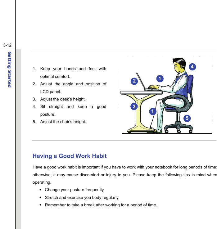  3-12Getting Started    1.  Keep your hands and feet with optimal comfort. 2.  Adjust the angle and position of LCD panel. 3.  Adjust the desk’s height. 4. Sit straight and keep a good posture. 5.  Adjust the chair’s height.    Having a Good Work Habit Have a good work habit is important if you have to work with your notebook for long periods of time; otherwise, it may cause discomfort or injury to you. Please keep the following tips in mind when operating.   Change your posture frequently.   Stretch and exercise you body regularly.   Remember to take a break after working for a period of time.   25 4 311