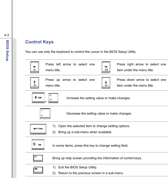  4-3BIOS Setup  Control Keys You can use only the keyboard to control the cursor in the BIOS Setup Utility.   Press left arrow to select one menu title.   Press right arrow to select one item under the menu title.  Press up arrow to select one menu title.   Press down arrow to select one item under the menu title. +   Increase the setting value or make changes.  Decrease the setting value or make changes.  1)  Open the selected item to change setting options. 2)  Bring up a sub-menu when available.  In some items, press this key to change setting field.  Bring up help screen providing the information of control keys.  1)  Exit the BIOS Setup Utility. 2)  Return to the previous screen in a sub-menu. 