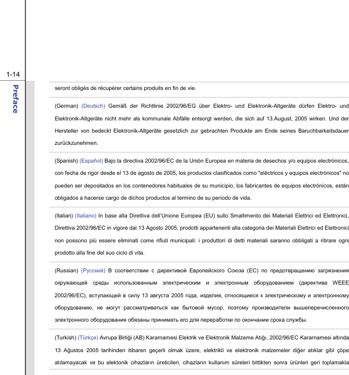  1-14 Preface  seront obligés de récupérer certains produits en fin de vie. (German)  (Deutsch) Gemäß der Richtlinie 2002/96/EG über Elektro- und Elektronik-Altgeräte dürfen Elektro- und Elektronik-Altgeräte nicht mehr als kommunale Abfälle entsorgt werden, die sich auf 13.August, 2005 wirken. Und der Hersteller von bedeckt Elektronik-Altgeräte gesetzlich zur gebrachten Produkte am Ende seines Baruchbarkeitsdauer zurückzunehmen. (Spanish) (Español) Bajo la directiva 2002/96/EC de la Unión Europea en materia de desechos y/o equipos electrónicos, con fecha de rigor desde el 13 de agosto de 2005, los productos clasificados como &quot;eléctricos y equipos electrónicos&quot; no pueden ser depositados en los contenedores habituales de su municipio, los fabricantes de equipos electrónicos, están obligados a hacerse cargo de dichos productos al termino de su período de vida. (Italian) (Italiano) In base alla Direttiva dell’Unione Europea (EU) sullo Smaltimento dei Materiali Elettrici ed Elettronici, Direttiva 2002/96/EC in vigore dal 13 Agosto 2005, prodotti appartenenti alla categoria dei Materiali Elettrici ed Elettronici non possono più essere eliminati come rifiuti municipali: i produttori di detti materiali saranno obbligati a ritirare ogni prodotto alla fine del suo ciclo di vita. (Russian) (Русский) В соответствии с директивой Европейского Союза (ЕС)  по предотвращению загрязнения окружающей среды использованным электрическим и электронным оборудованием (директива WEEE 2002/96/EC), вступающей в силу 13 августа 2005 года,  изделия, относящиеся к электрическому и электронному оборудованию,  не могут рассматриваться как бытовой мусор,  поэтому производители вышеперечисленного электронного оборудования обязаны принимать его для переработки по окончании срока службы. (Turkish) (Türkçe) Avrupa Birliği (AB) Kararnamesi Elektrik ve Elektronik Malzeme Atığı, 2002/96/EC Kararnamesi altında 13 Ağustos 2005 tarihinden itibaren geçerli olmak üzere, elektrikli ve elektronik malzemeler diğer atıklar gibi çöpe atılamayacak ve bu elektonik cihazların üreticileri, cihazların kullanım süreleri bittikten sonra ürünleri geri toplamakla 