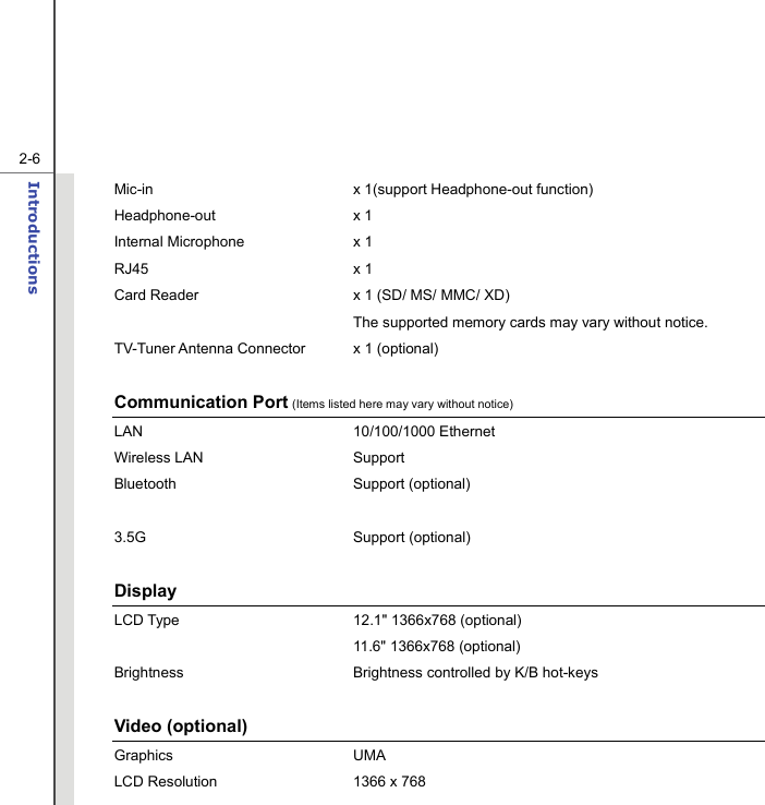   2-6Introductions  Mic-in  x 1(support Headphone-out function) Headphone-out x 1 Internal Microphone  x 1 RJ45 x 1 Card Reader  x 1 (SD/ MS/ MMC/ XD)     The supported memory cards may vary without notice. TV-Tuner Antenna Connector  x 1 (optional)  Communication Port (Items listed here may vary without notice) LAN 10/100/1000 Ethernet Wireless LAN  Support   Bluetooth Support (optional)    3.5G Support (optional)  Display  LCD Type  12.1&quot; 1366x768 (optional)   11.6&quot; 1366x768 (optional) Brightness  Brightness controlled by K/B hot-keys  Video (optional) Graphics UMA  LCD Resolution  1366 x 768 