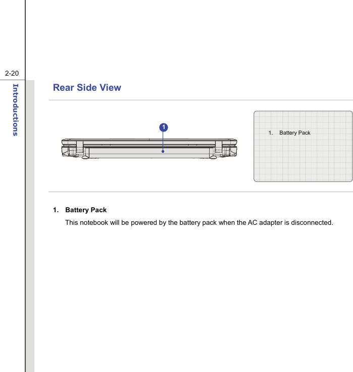   2-20Introductions  Rear Side View      1. Battery Pack  This notebook will be powered by the battery pack when the AC adapter is disconnected.     1. Battery Pack 1