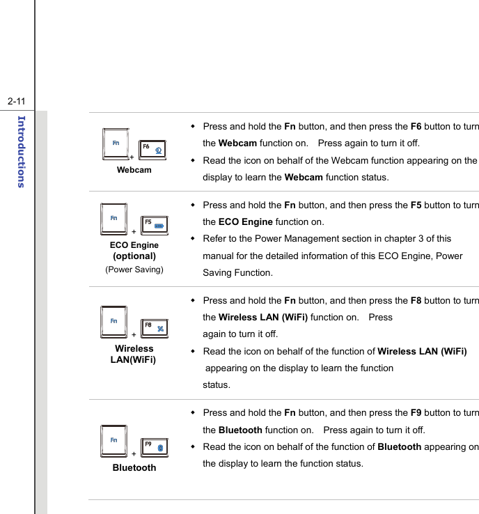   2-11Introductions  +   Webcam  Press and hold the Fn button, and then press the F6 button to turn the Webcam function on.    Press again to turn it off.   Read the icon on behalf of the Webcam function appearing on the display to learn the Webcam function status.  +   ECO Engine (optional) (Power Saving)   Press and hold the Fn button, and then press the F5 button to turn the ECO Engine function on.       Refer to the Power Management section in chapter 3 of this manual for the detailed information of this ECO Engine, Power Saving Function.  +   Wireless LAN(WiFi)  Press and hold the Fn button, and then press the F8 button to turn the Wireless LAN (WiFi) function on.  Press again to turn it off.    Read the icon on behalf of the function of Wireless LAN (WiFi) appearing on the display to learn the function status.  +   Bluetooth    Press and hold the Fn button, and then press the F9 button to turn the Bluetooth function on.    Press again to turn it off.     Read the icon on behalf of the function of Bluetooth appearing on the display to learn the function status.  