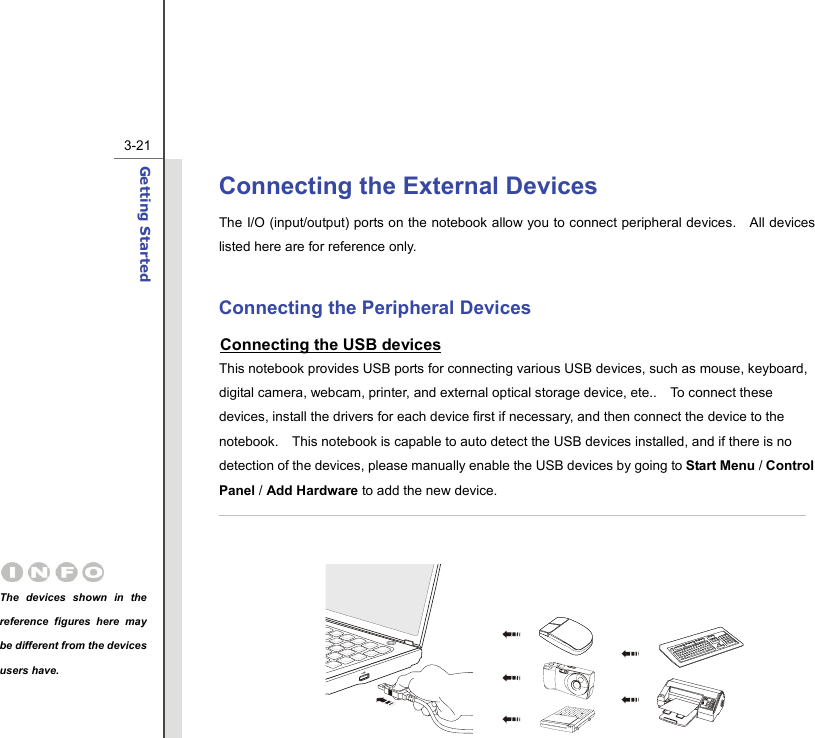  3-21Getting Started  Connecting the External Devices The I/O (input/output) ports on the notebook allow you to connect peripheral devices.   All devices listed here are for reference only.  Connecting the Peripheral Devices Connecting the USB devices This notebook provides USB ports for connecting various USB devices, such as mouse, keyboard, digital camera, webcam, printer, and external optical storage device, ete..    To connect these devices, install the drivers for each device first if necessary, and then connect the device to the notebook.    This notebook is capable to auto detect the USB devices installed, and if there is no detection of the devices, please manually enable the USB devices by going to Start Menu / Control Panel / Add Hardware to add the new device.          The devices shown in the reference figures here may be different from the devices users have.  