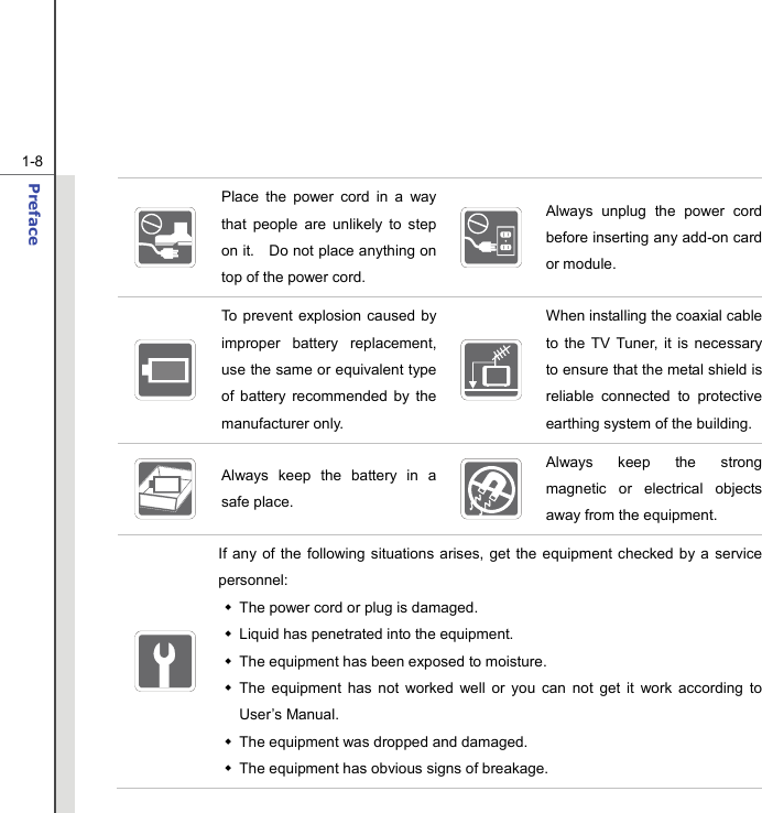  1-8 Preface   Place the power cord in a way that people are unlikely to step on it.    Do not place anything on top of the power cord.   Always unplug the power cord before inserting any add-on card or module.  To prevent explosion caused by improper battery replacement, use the same or equivalent type of battery recommended by the manufacturer only.  When installing the coaxial cable to the TV Tuner, it is necessary to ensure that the metal shield is reliable connected to protective earthing system of the building.  Always keep the battery in a safe place.   Always keep the strong magnetic or electrical objects away from the equipment.  If any of the following situations arises, get the equipment checked by a service personnel:   The power cord or plug is damaged.   Liquid has penetrated into the equipment.   The equipment has been exposed to moisture.  The equipment has not worked well or you can not get it work according to User’s Manual.   The equipment was dropped and damaged.   The equipment has obvious signs of breakage. 