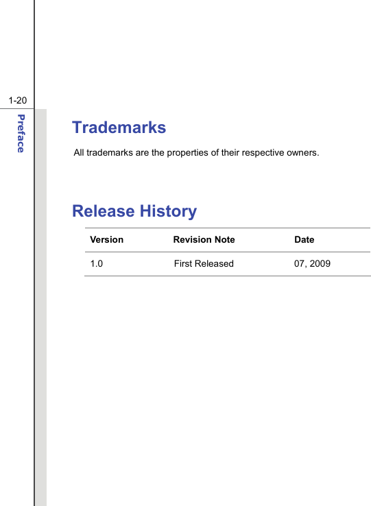  1-20 Preface  Trademarks All trademarks are the properties of their respective owners.   Release History Version Revision Note  Date 1.0  First Released  07, 2009   