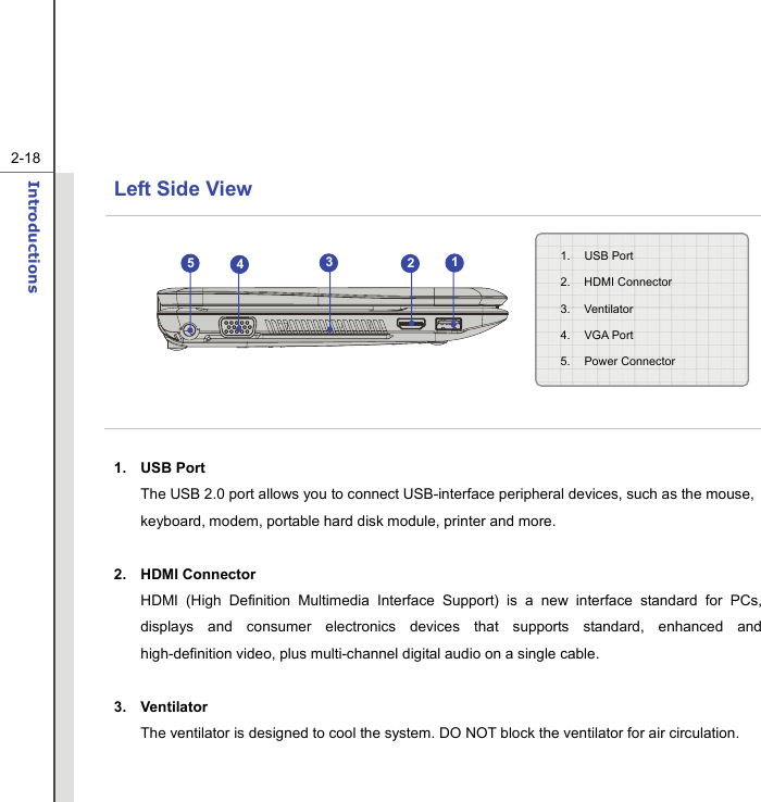   2-18Introductions  Left Side View             1. USB Port The USB 2.0 port allows you to connect USB-interface peripheral devices, such as the mouse, keyboard, modem, portable hard disk module, printer and more.  2. HDMI Connector HDMI (High Definition Multimedia Interface Support) is a new interface standard for PCs, displays and consumer electronics devices that supports standard, enhanced and high-definition video, plus multi-channel digital audio on a single cable.  3. Ventilator The ventilator is designed to cool the system. DO NOT block the ventilator for air circulation.  1. USB Port 2. HDMI Connector 3. Ventilator 4. VGA Port 5. Power Connector  32145