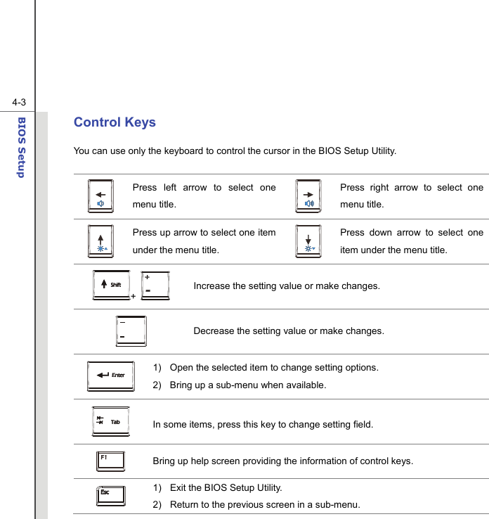  4-3BIOS Setup  Control Keys You can use only the keyboard to control the cursor in the BIOS Setup Utility.   Press left arrow to select one menu title.   Press right arrow to select one menu title.  Press up arrow to select one item under the menu title.   Press down arrow to select one item under the menu title. +   Increase the setting value or make changes.  Decrease the setting value or make changes.  1)  Open the selected item to change setting options. 2)  Bring up a sub-menu when available.  In some items, press this key to change setting field.  Bring up help screen providing the information of control keys.  1)  Exit the BIOS Setup Utility. 2)  Return to the previous screen in a sub-menu. 
