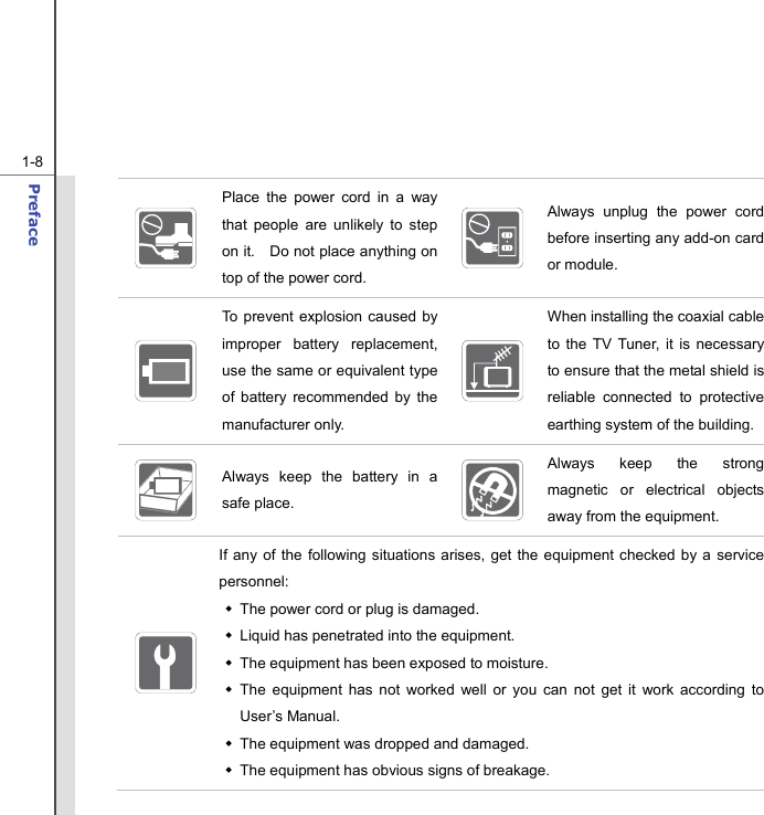  1-8 Preface   Place the power cord in a way that people are unlikely to step on it.    Do not place anything on top of the power cord.   Always unplug the power cord before inserting any add-on card or module.  To prevent explosion caused by improper battery replacement, use the same or equivalent type of battery recommended by the manufacturer only.  When installing the coaxial cable to the TV Tuner, it is necessary to ensure that the metal shield is reliable connected to protective earthing system of the building.  Always keep the battery in a safe place.   Always keep the strong magnetic or electrical objects away from the equipment.  If any of the following situations arises, get the equipment checked by a service personnel:   The power cord or plug is damaged.   Liquid has penetrated into the equipment.   The equipment has been exposed to moisture.  The equipment has not worked well or you can not get it work according to User’s Manual.   The equipment was dropped and damaged.   The equipment has obvious signs of breakage. 