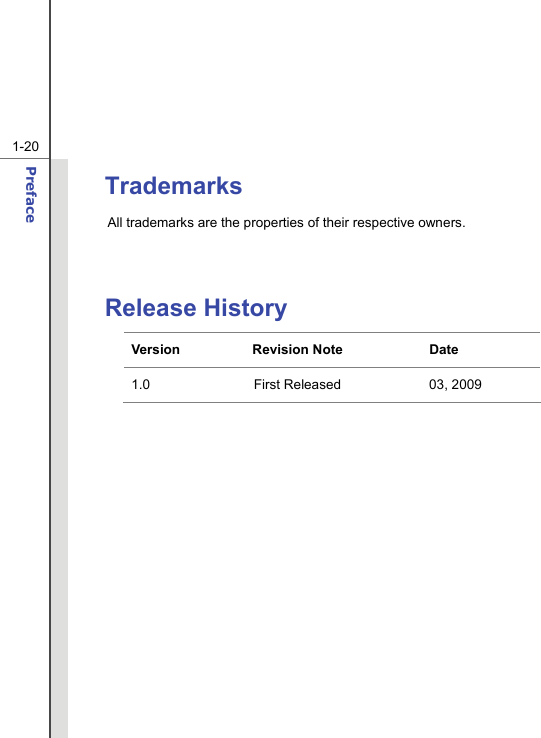  1-20 Preface  Trademarks All trademarks are the properties of their respective owners.   Release History Version Revision Note  Date 1.0  First Released  03, 2009   