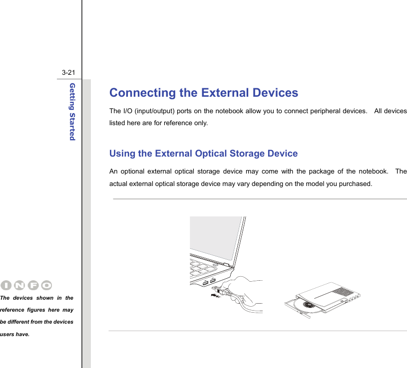  3-21Getting Started  Connecting the External Devices The I/O (input/output) ports on the notebook allow you to connect peripheral devices.   All devices listed here are for reference only.  Using the External Optical Storage Device An optional external optical storage device may come with the package of the notebook.  The actual external optical storage device may vary depending on the model you purchased.               The devices shown in the reference figures here may be different from the devices users have.  